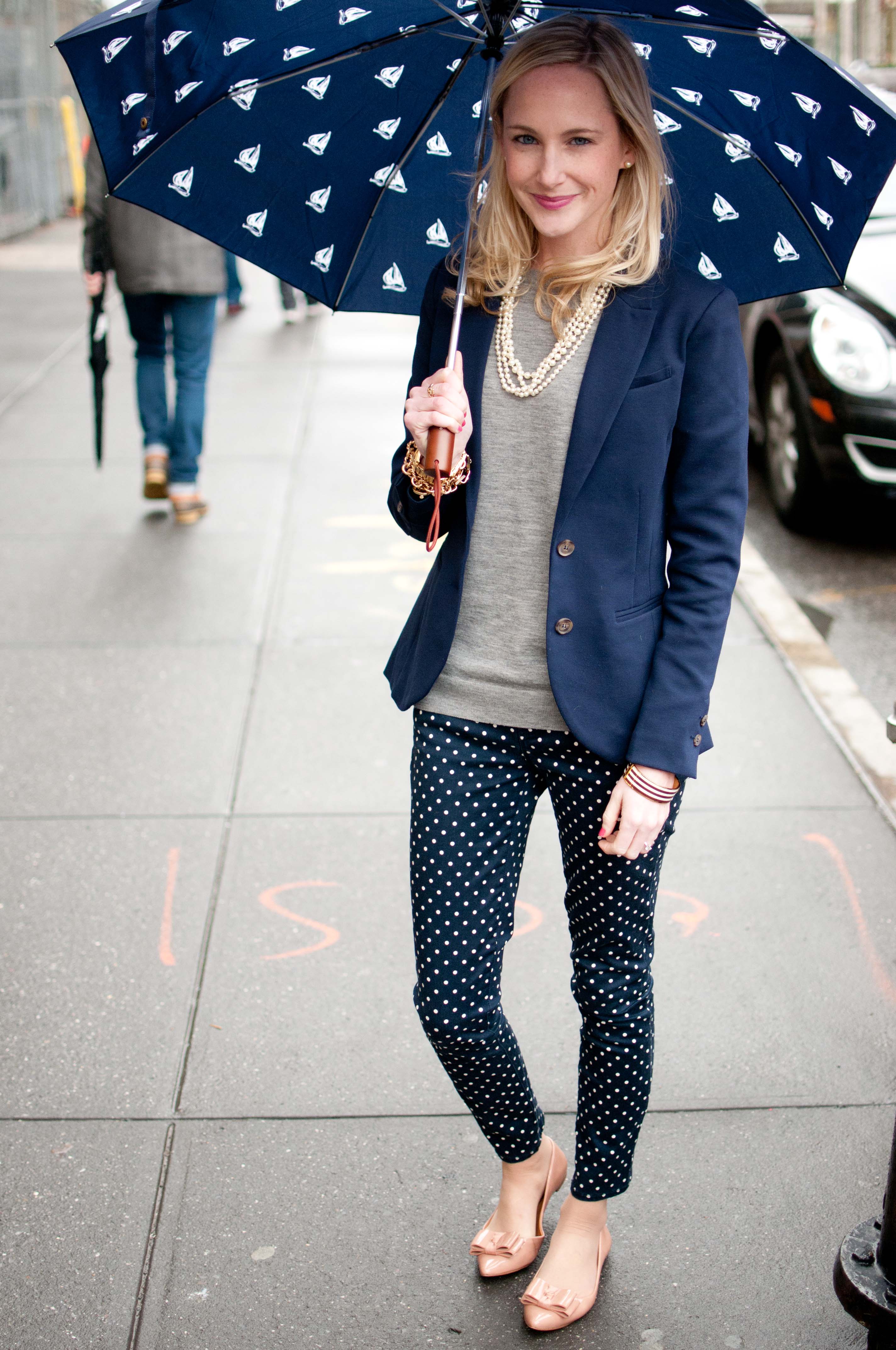 Rainy Day Work Wear for the City Dweller Polka Dots Pearls and Sail Boat Umbrellas