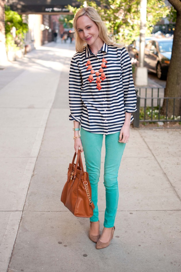 On Striped Shirt and Teal Skinnies in UWS Friday After Work