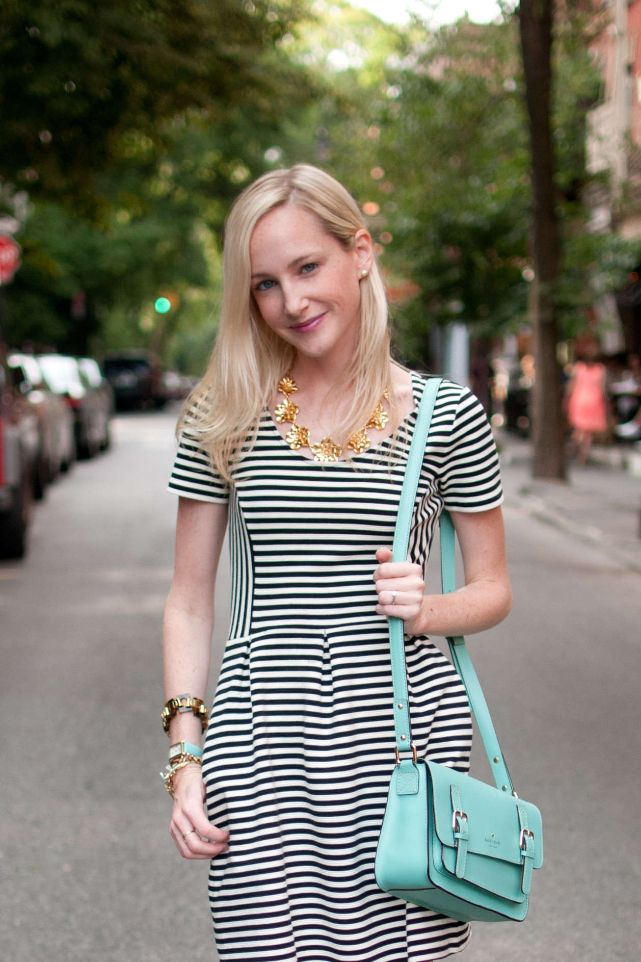 Striped Dresses, Turquoise Bags and Gold Accents for a Going Away Party