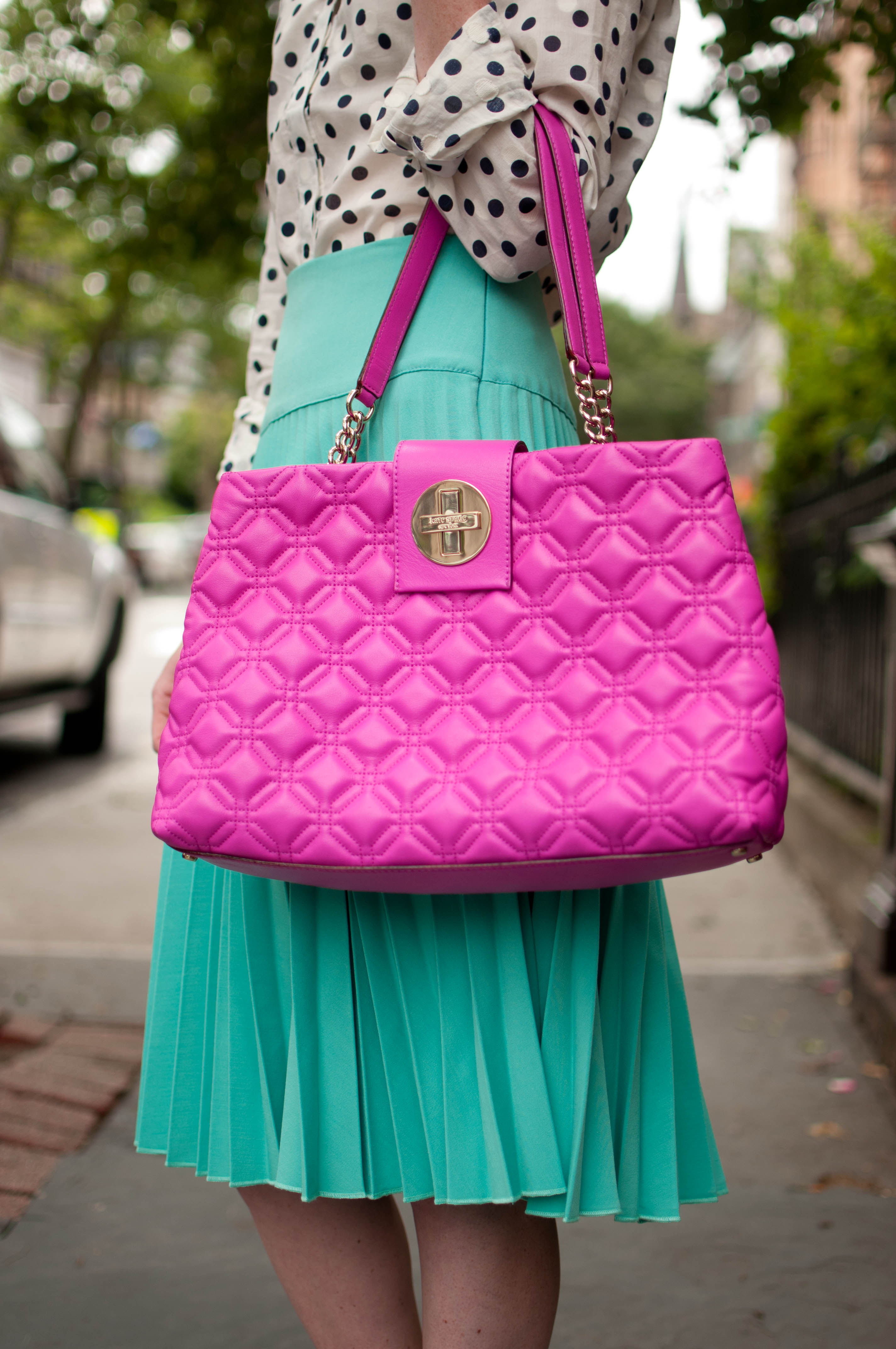 Mint Pleated Skirts Polka Dots and Hot Pink Bags And a Florence