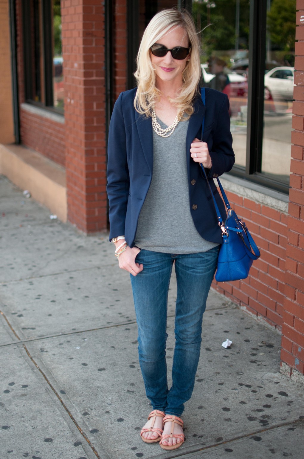 Casual Friday: Jeans, T-Shirts, and Bright Blue Bags