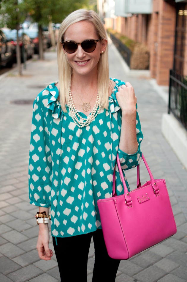 Annie Griffin Blouses, Leggings and Pops of Pink