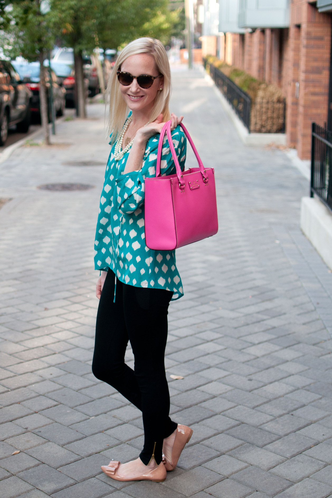 Annie Griffin Blouses, Leggings and Pops of Pink