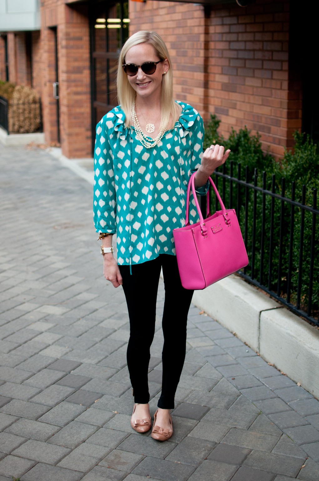 Annie Griffin Blouses, Leggings and Pops of Pink