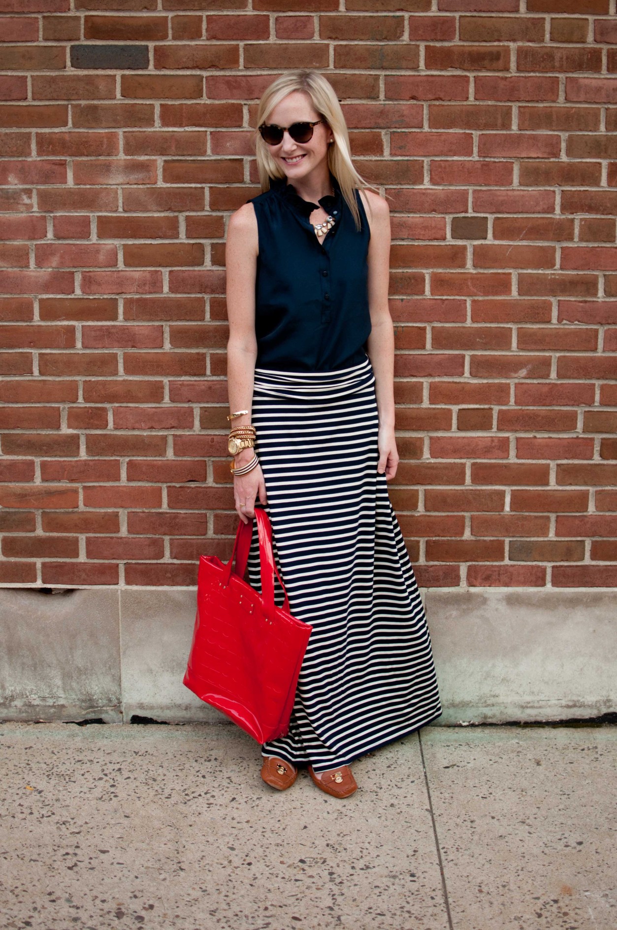 Striped Maxi Skirts, Statement Necklaces and Red Totes