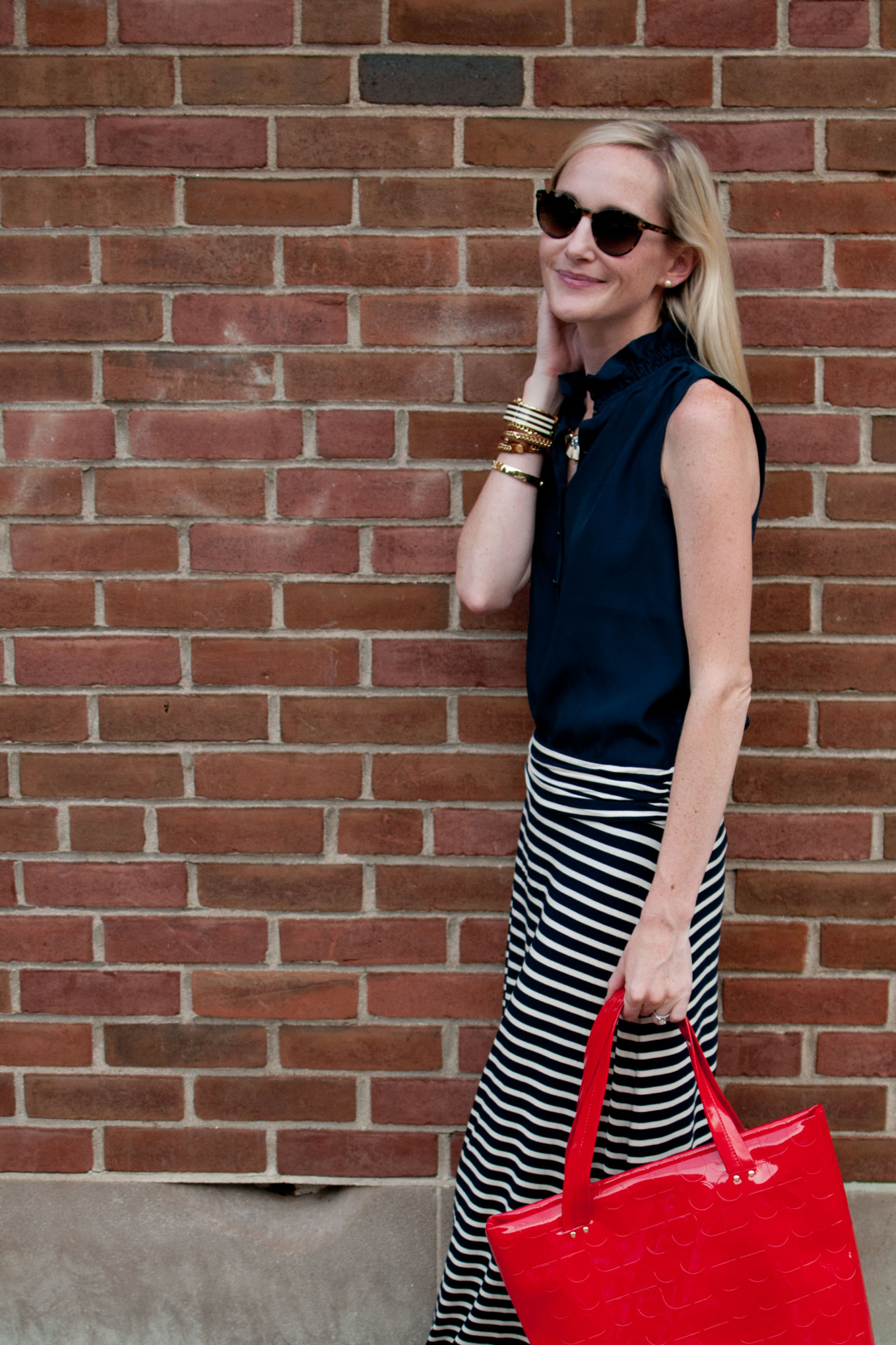Striped Maxi Skirts, Statement Necklaces and Red Totes