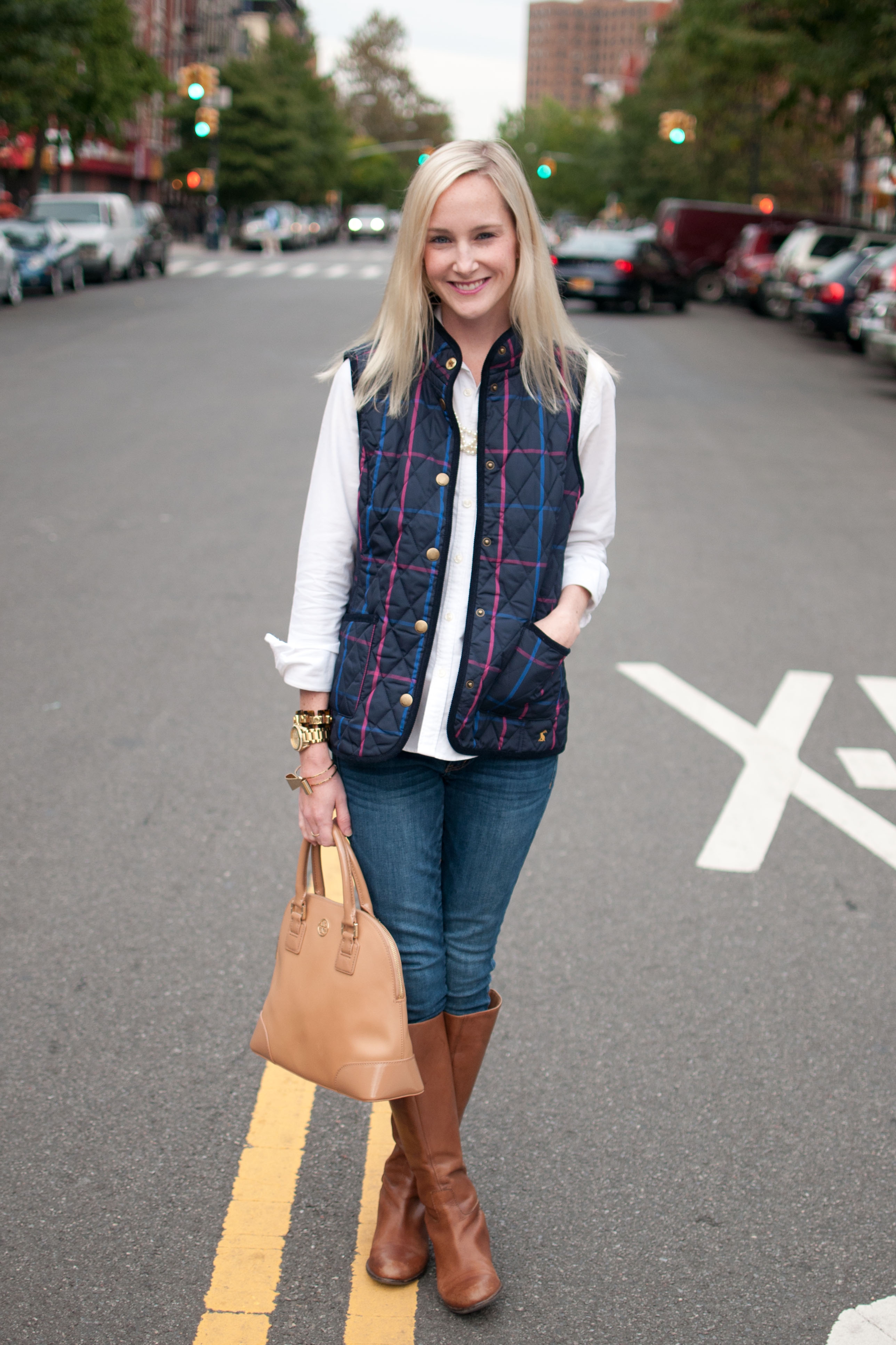 Joules Vests, Brown Boots, and Oxford Shirts in the City