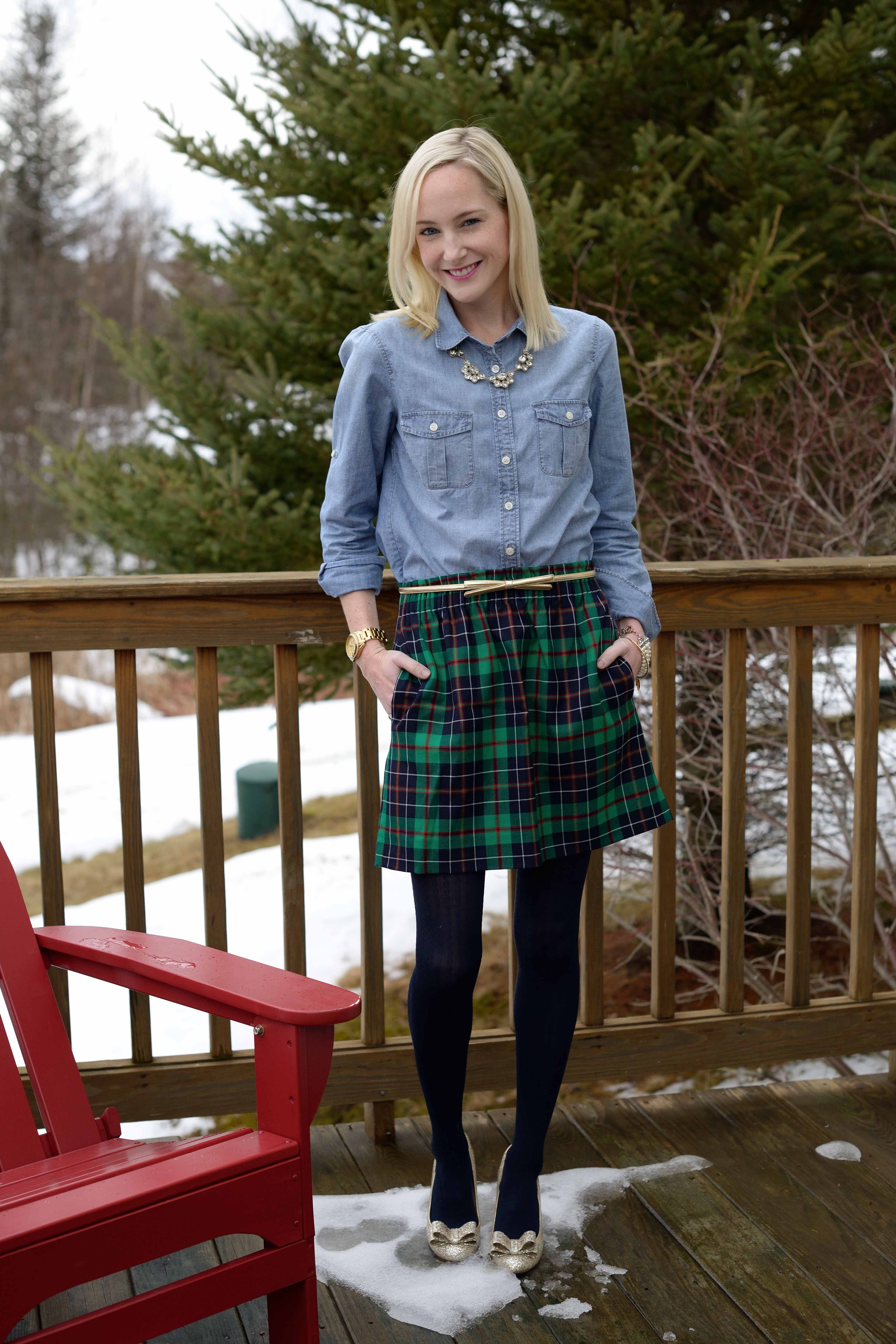 Christmas in Vermont Plaid Skirts Chambray Tops and Glittery Pumps