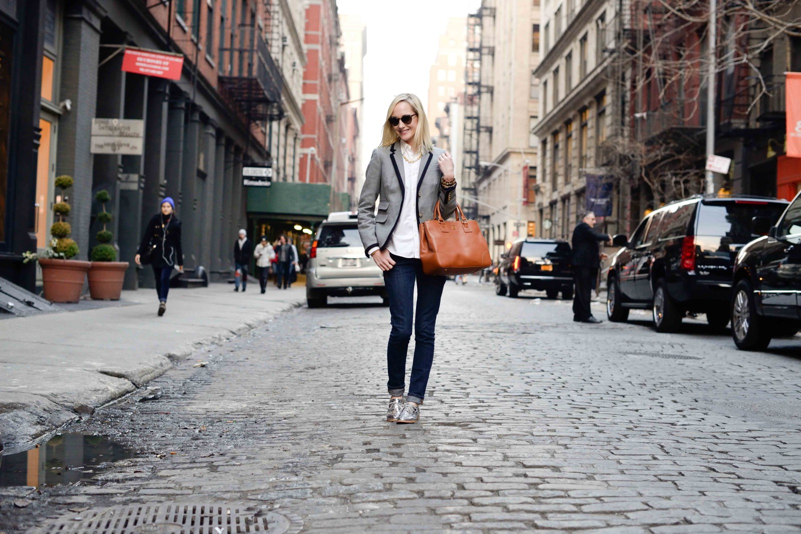 Blazers, Metallic Oxfords and Pearls in SoHo, NYC