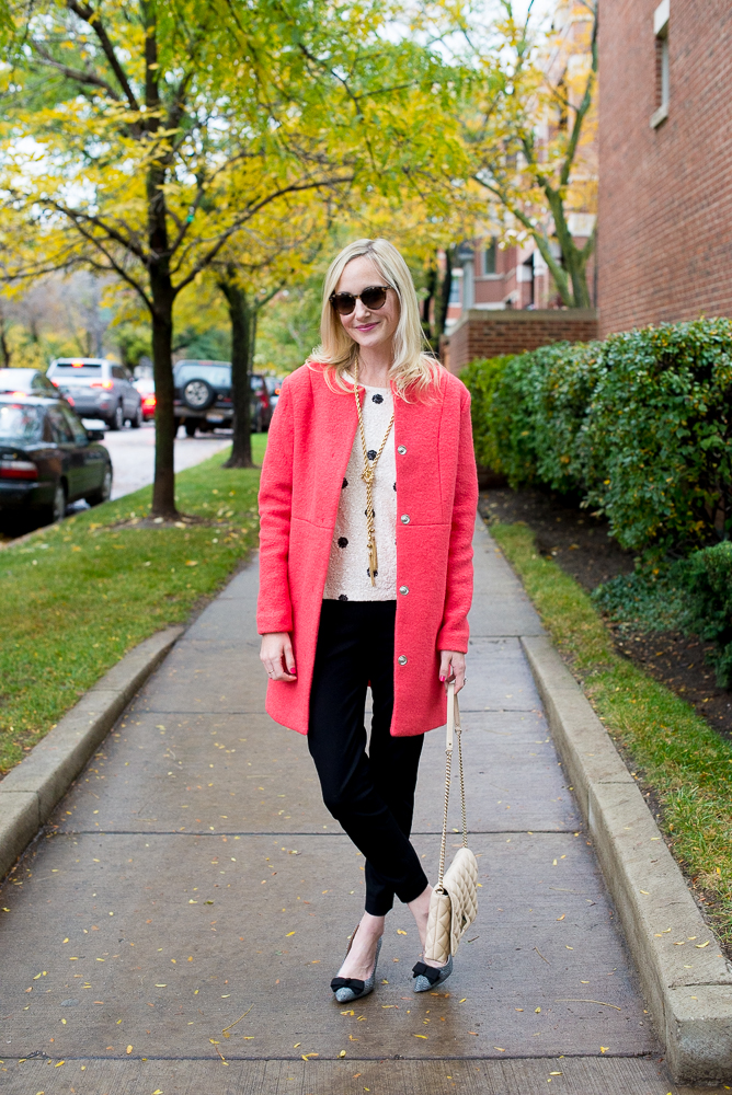 Red sale collarless coat