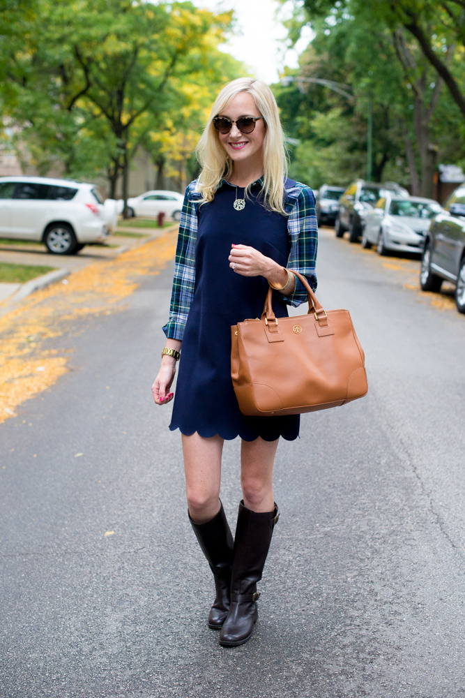 Navy sales scalloped dress