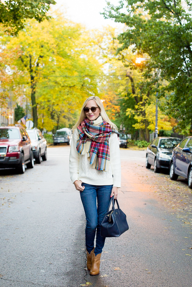 zara plaid blanket scarf with white top