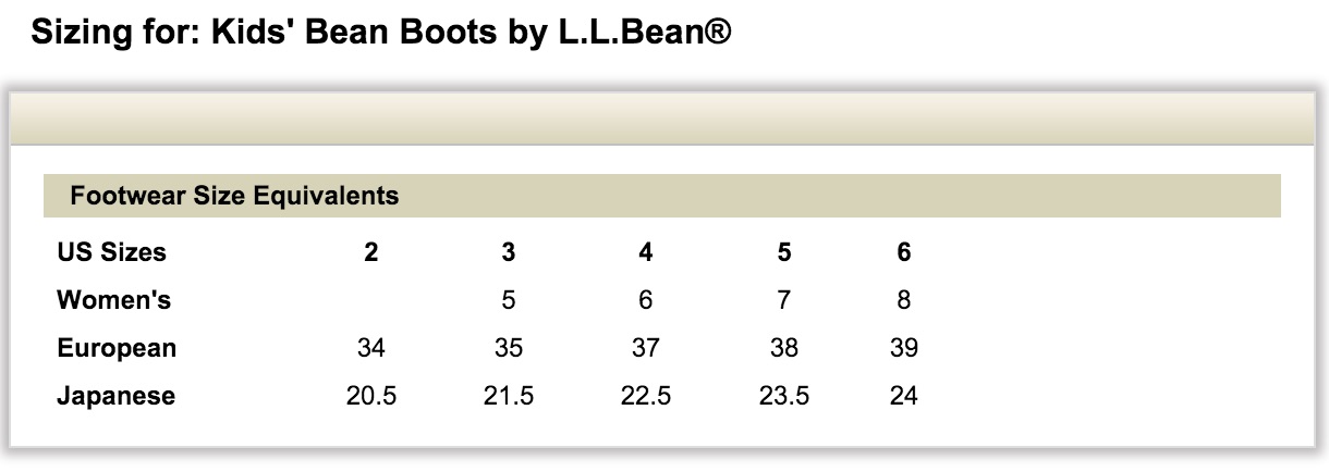 Ll Bean Womens Boot Size Chart