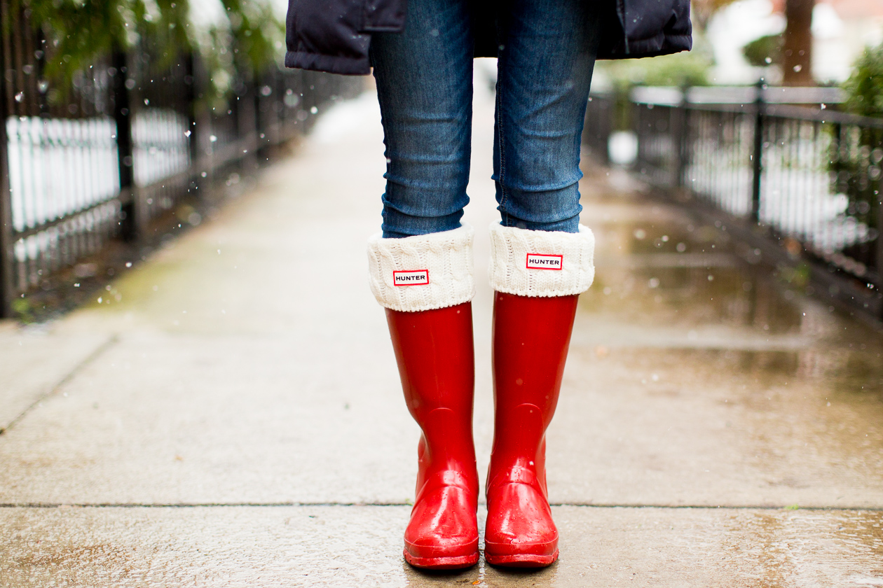 red hunter boots with socks