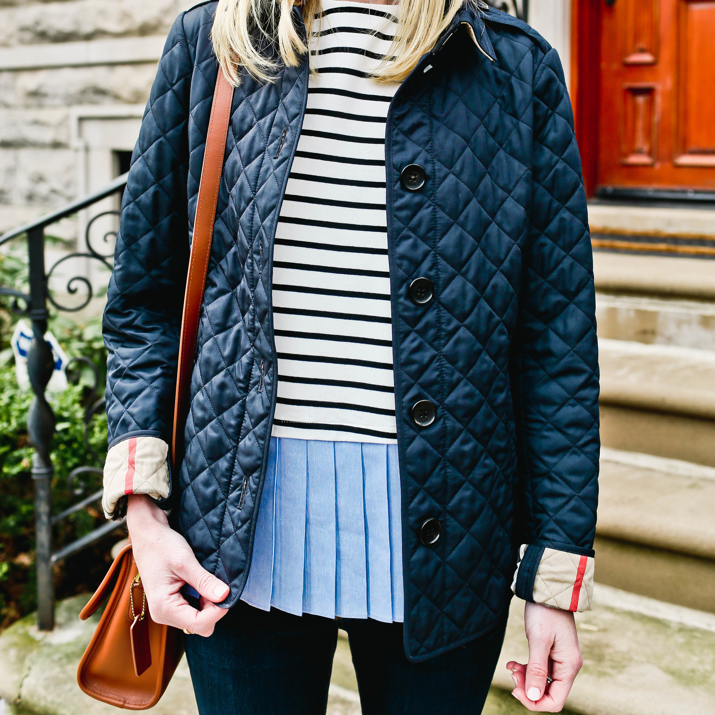 Pleated Top / Bow Mules  / Burberry Jacket 