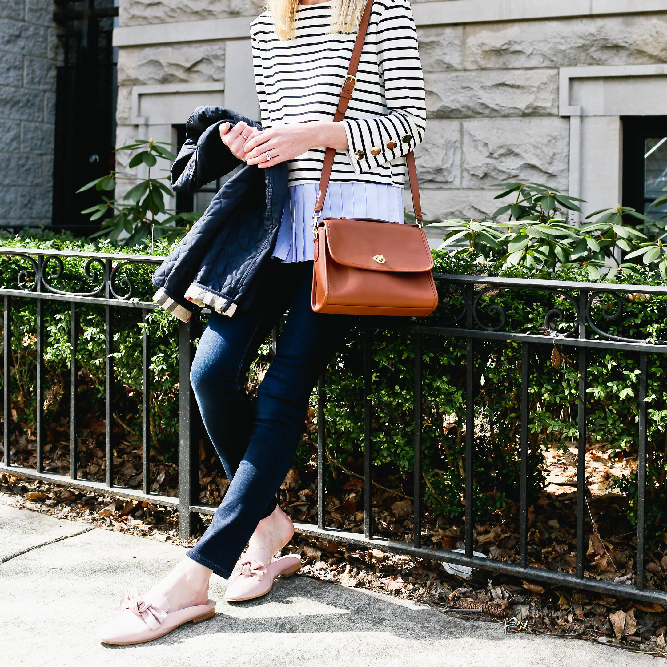 Pleated Top / Bow Mules  / Burberry Jacket / Coach Bag / Hudson Jeans