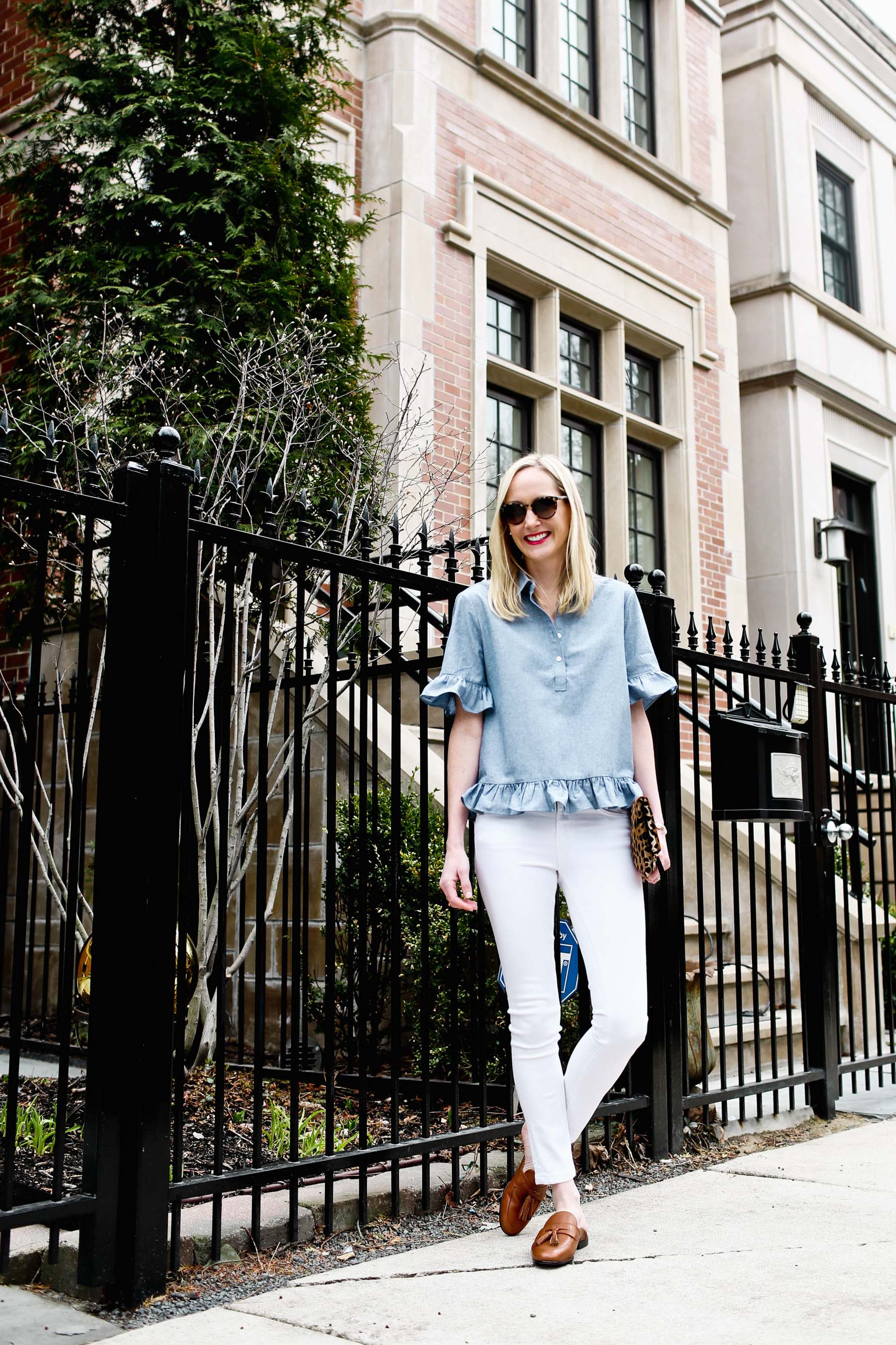 Chambray Ruffled Top / Rag & Bone Jeans / Sam Edelman Loafers / Clare V. Clutch / Kendra Scott Bracelet