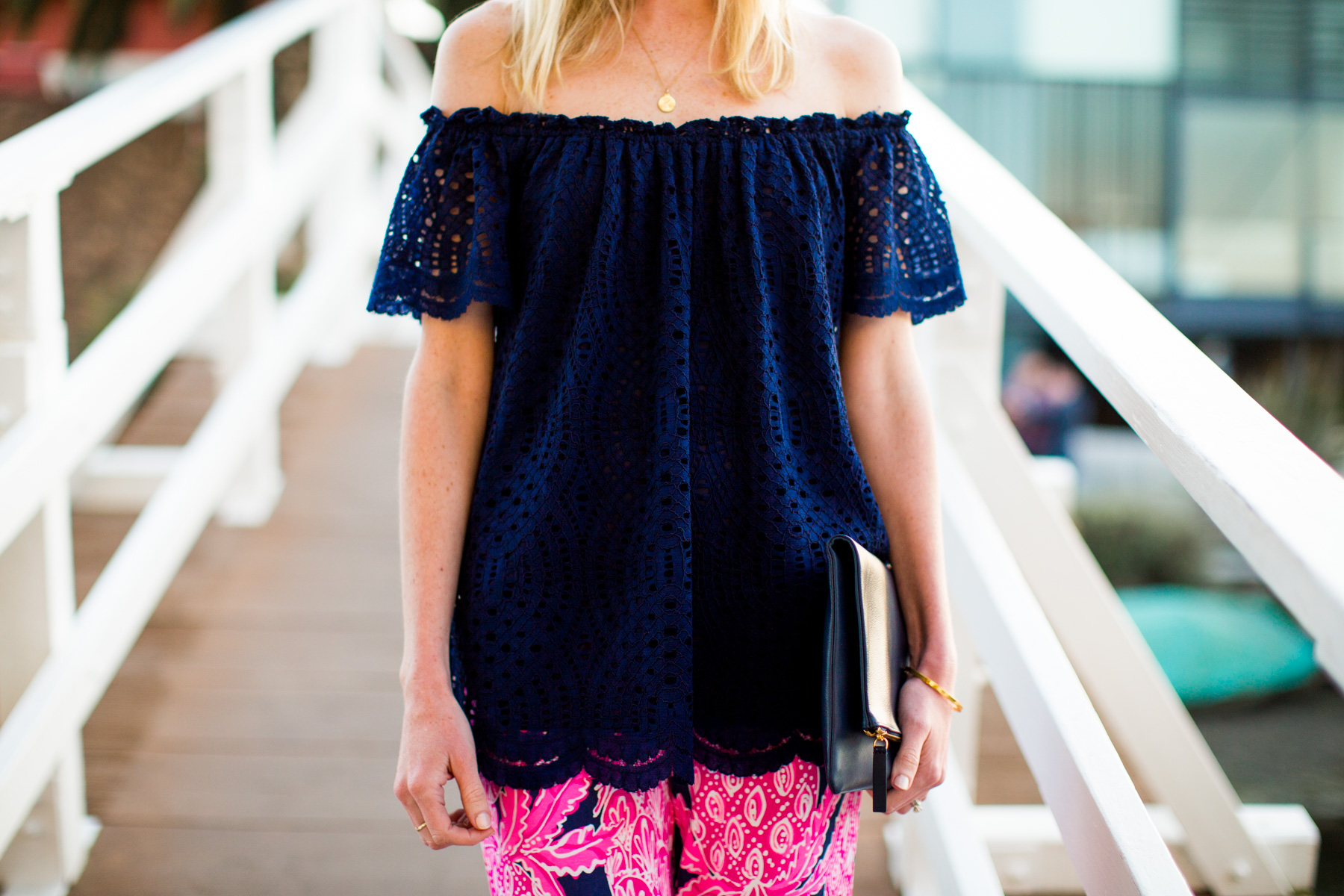 Lilly Pulitzer Pants and Off-the-Shoulder Top / Everlane Clutch 