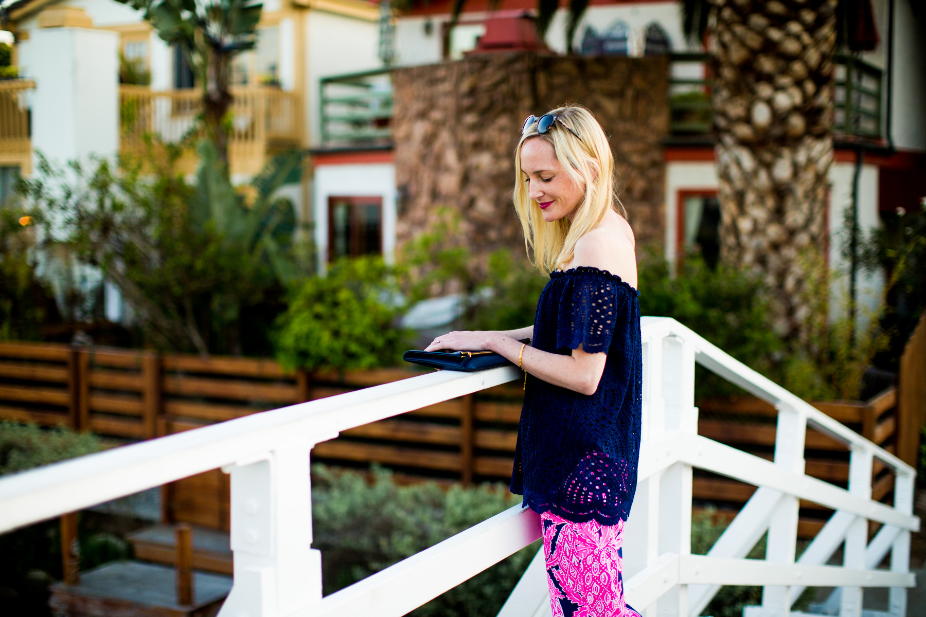 Lilly Pulitzer Pants and Off-the-Shoulder Top / Everlane Clutch 