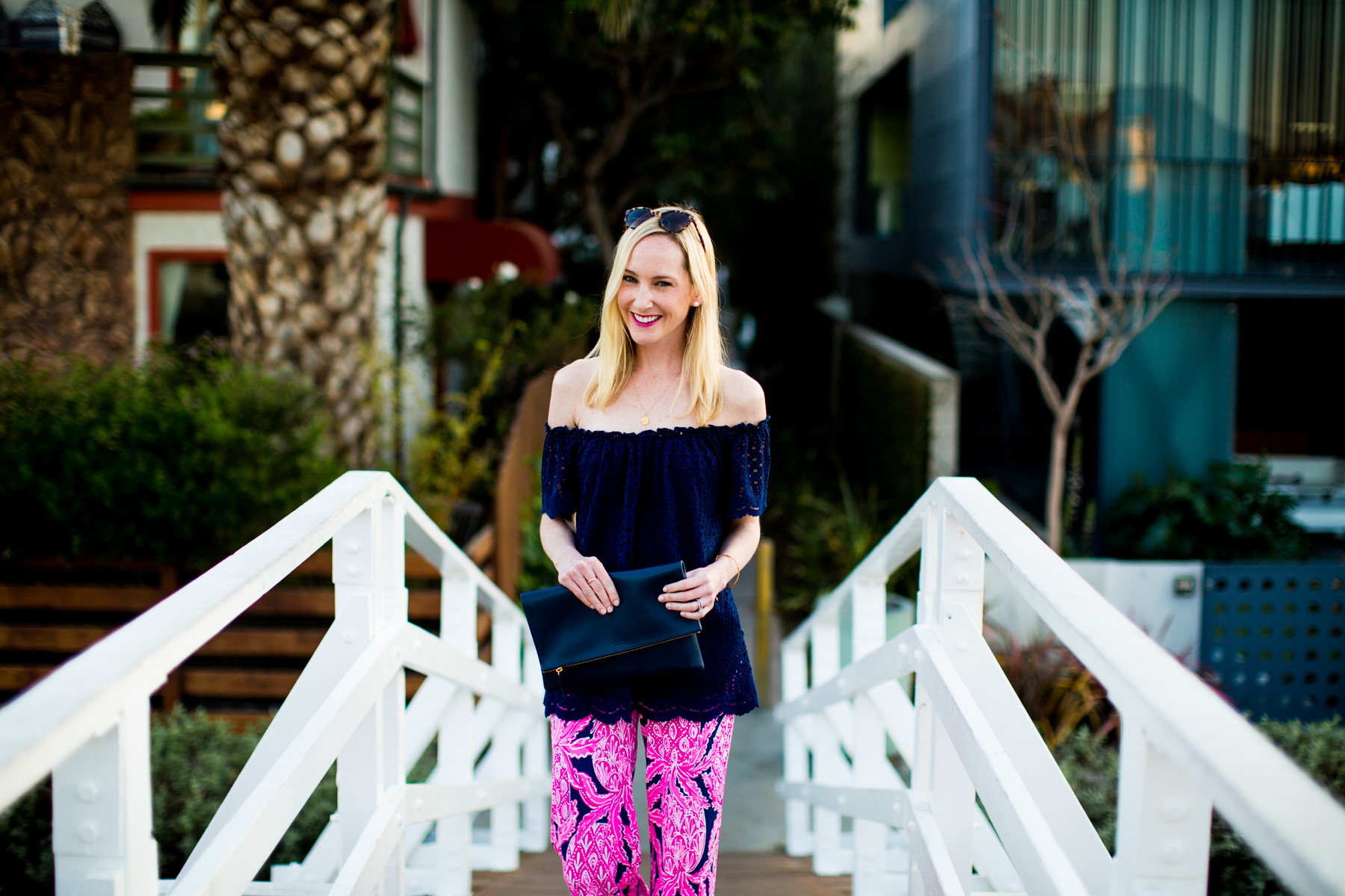 Lilly Pulitzer Pants and Off-the-Shoulder Top / Everlane Clutch 