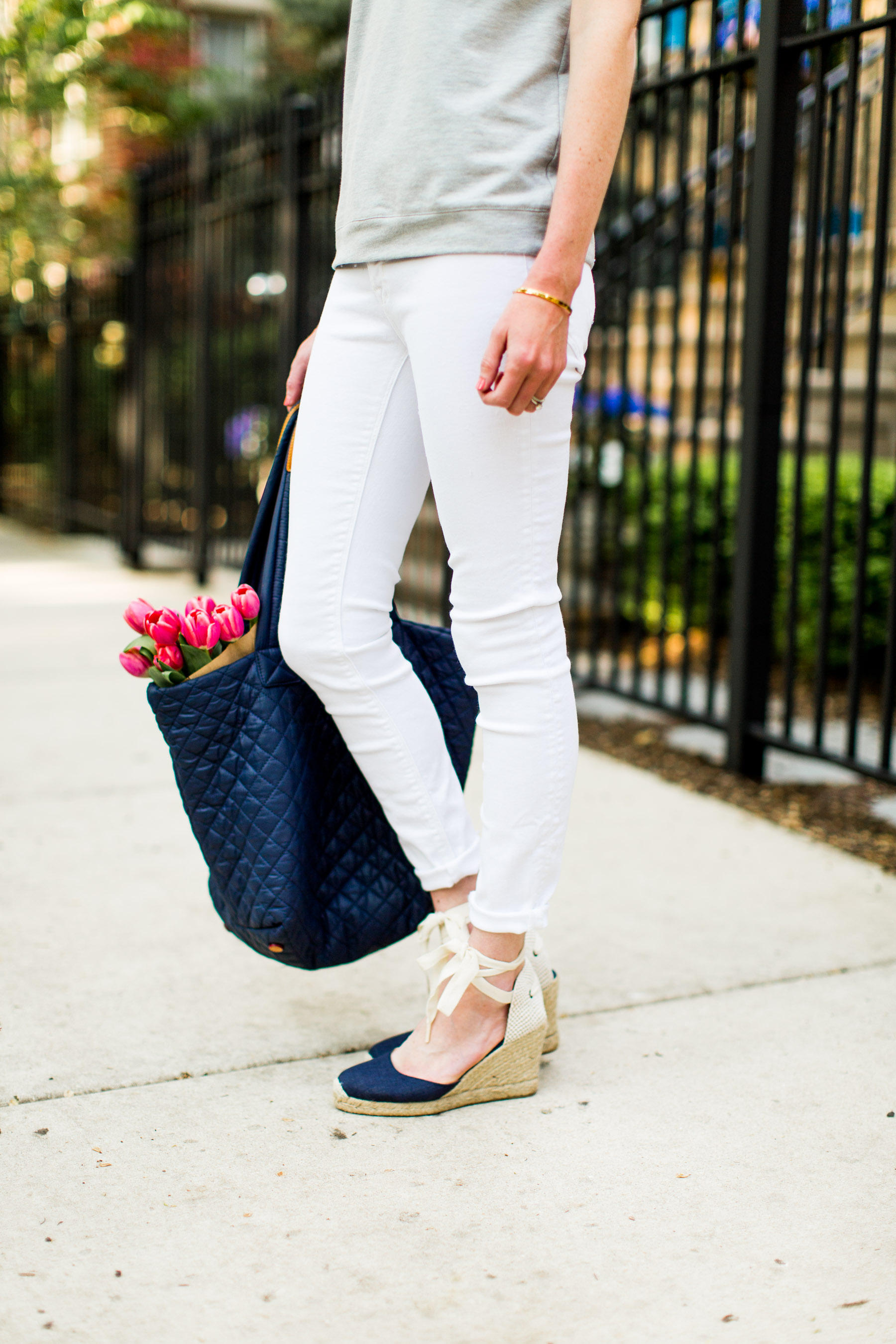 Eyelet Collar Top / Quilted Tote / Navy Espadrilles / New White Jeans / Monica Vinader Bracelet