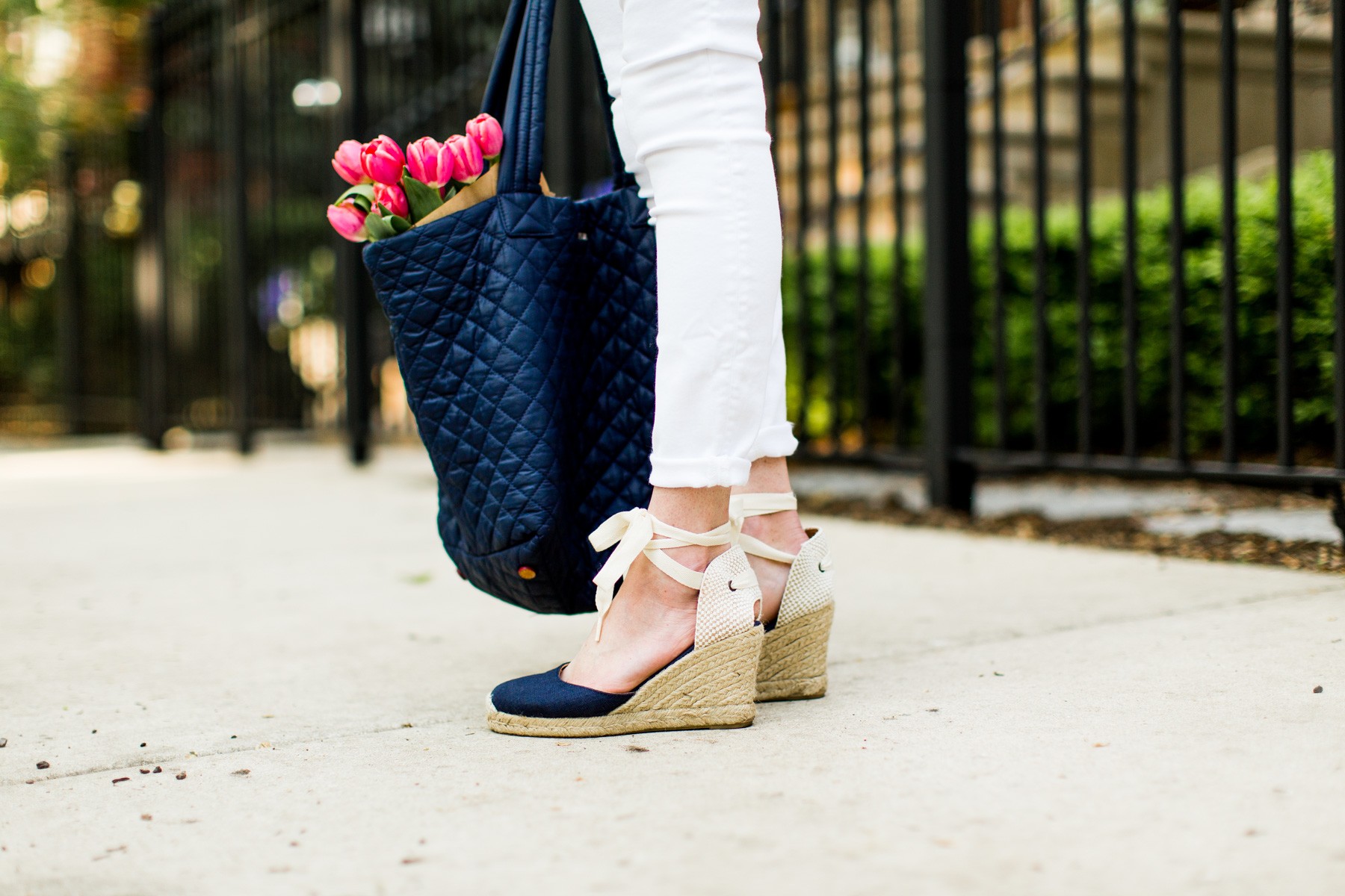 Quilted Tote / Navy Espadrilles / New White Jeans