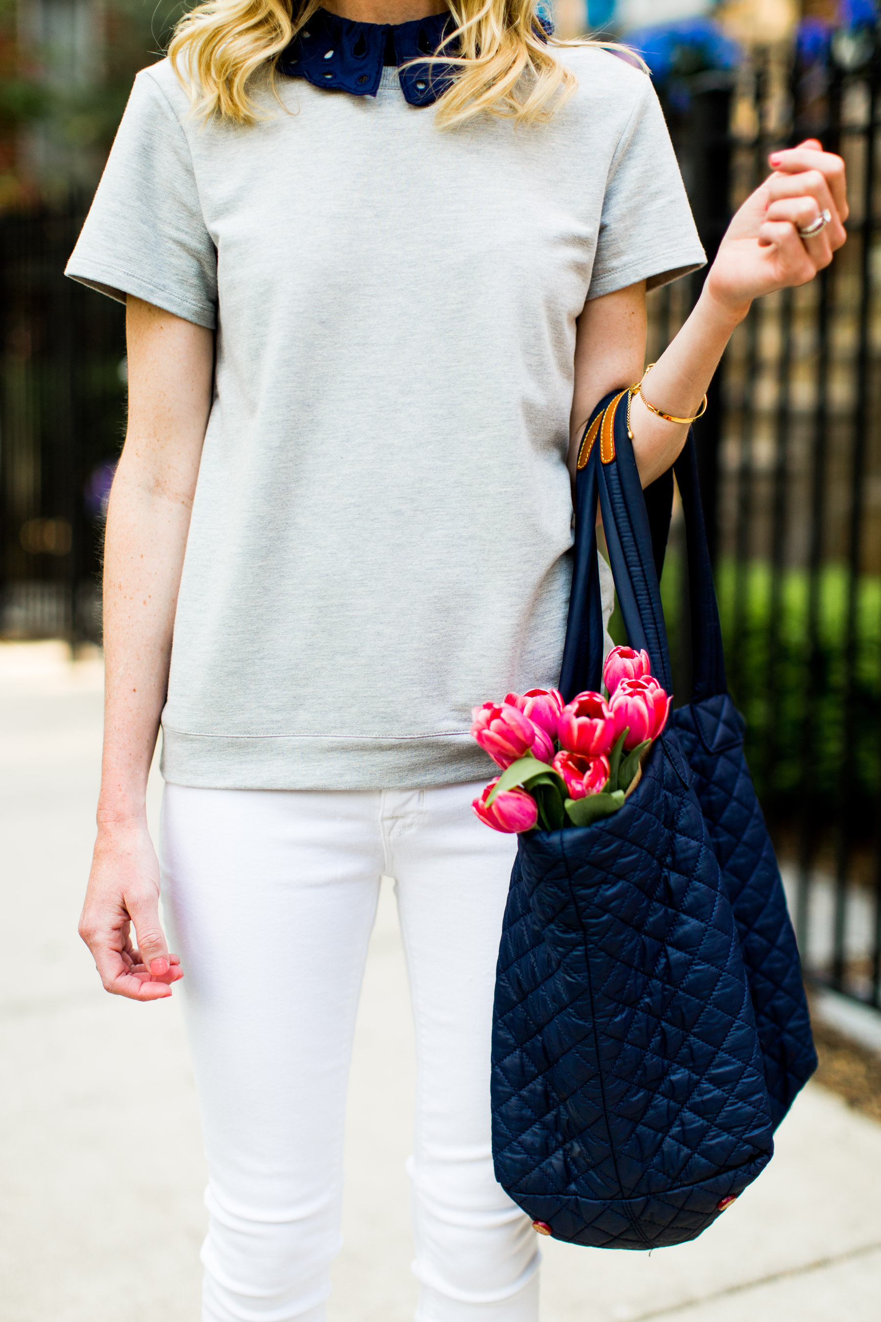 Eyelet Collar Top / Quilted Tote / New White Jeans