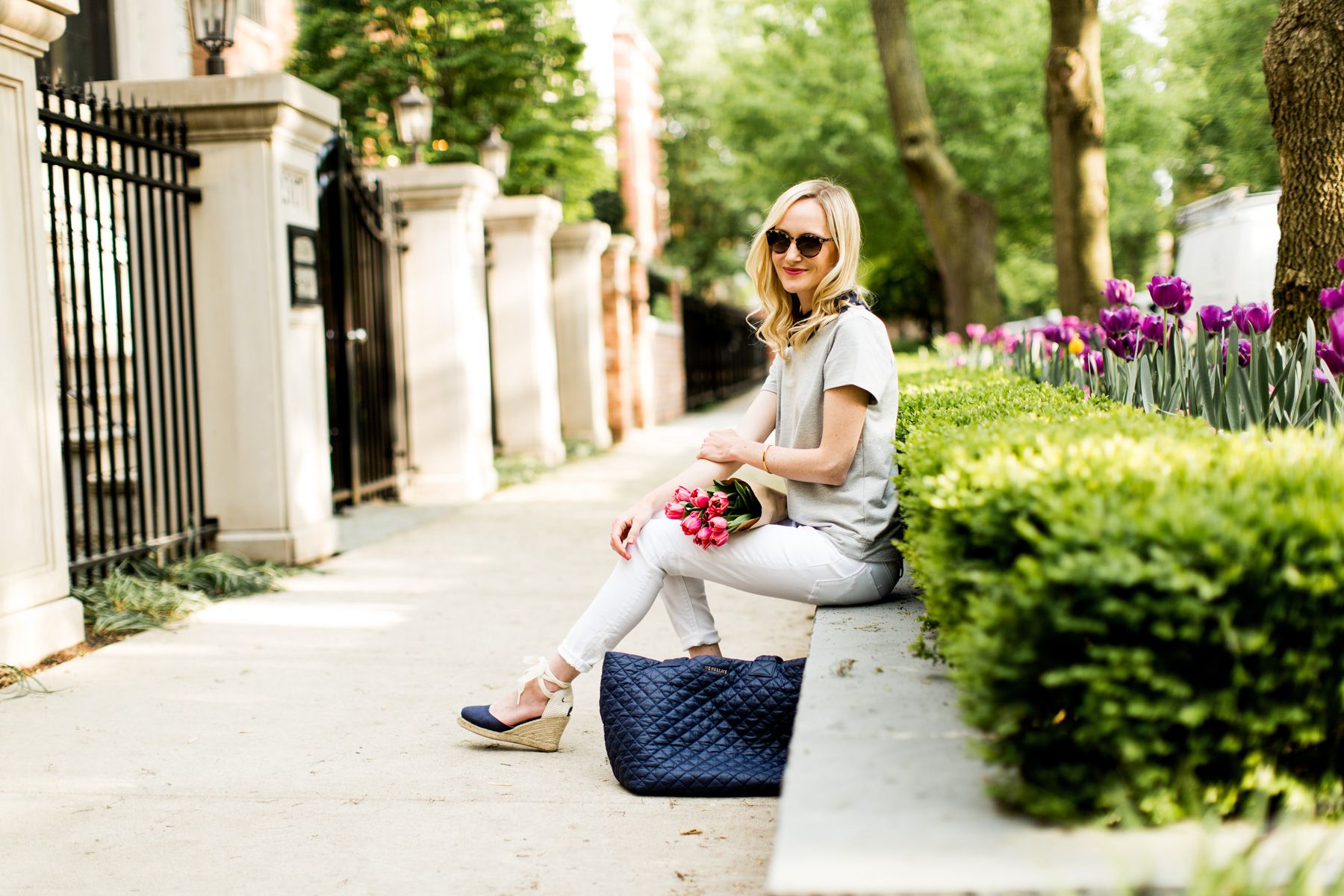 Eyelet Collar Top / Quilted Tote / Navy Espadrilles / New White Jeans / Replacement Sunglasses Exist / Monica Vinader Bracelet