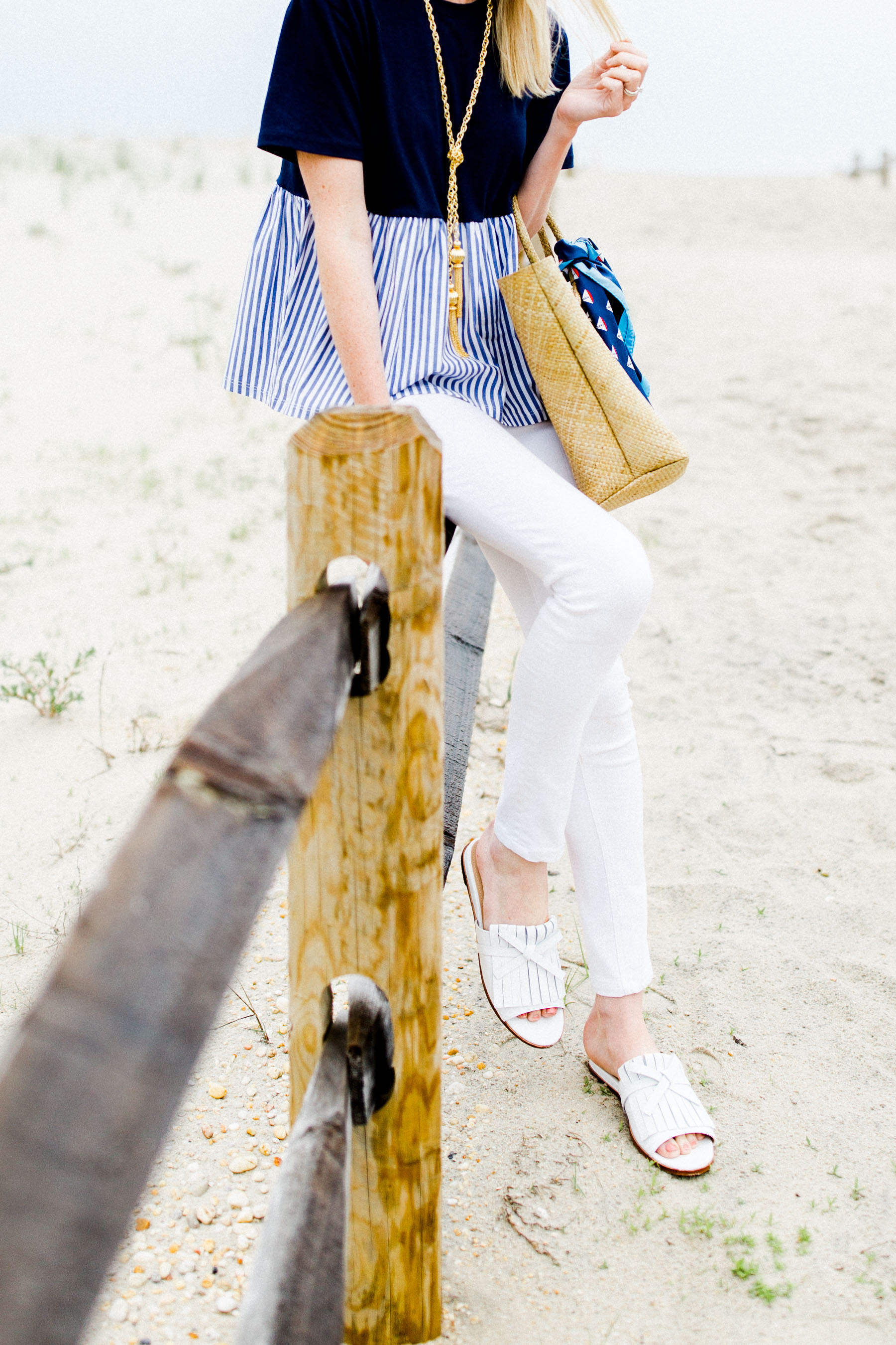 Striped Peplum Top / Hudson Jeans  / Woven Tote c/o / Sailboat Scarf / Tassel Necklace c/o / Kiltie Slides