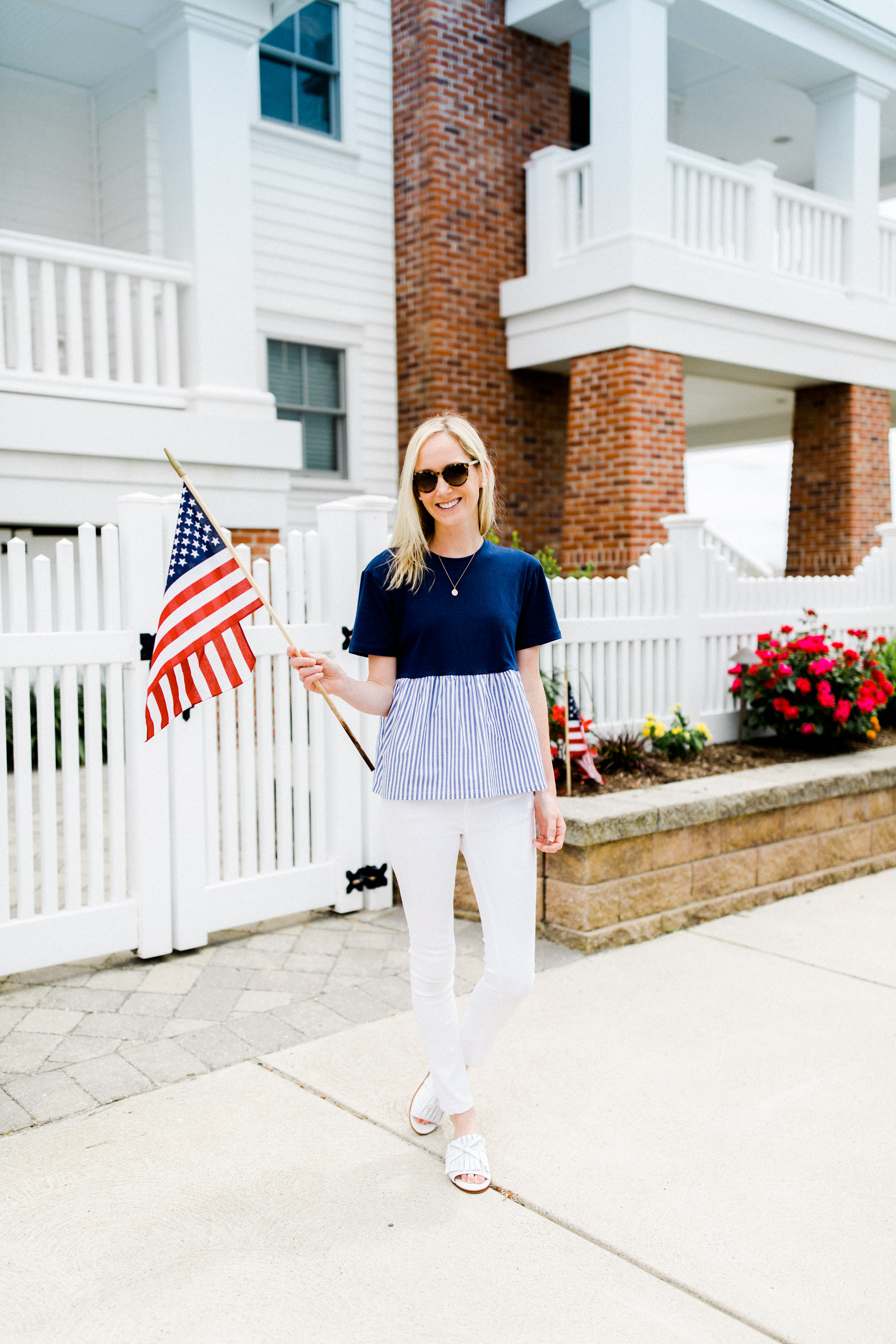 Striped Peplum Top / Hudson Jeans  / Woven Tote c/o / Sailboat Scarf / Tassel Necklace c/o / Kiltie Slides