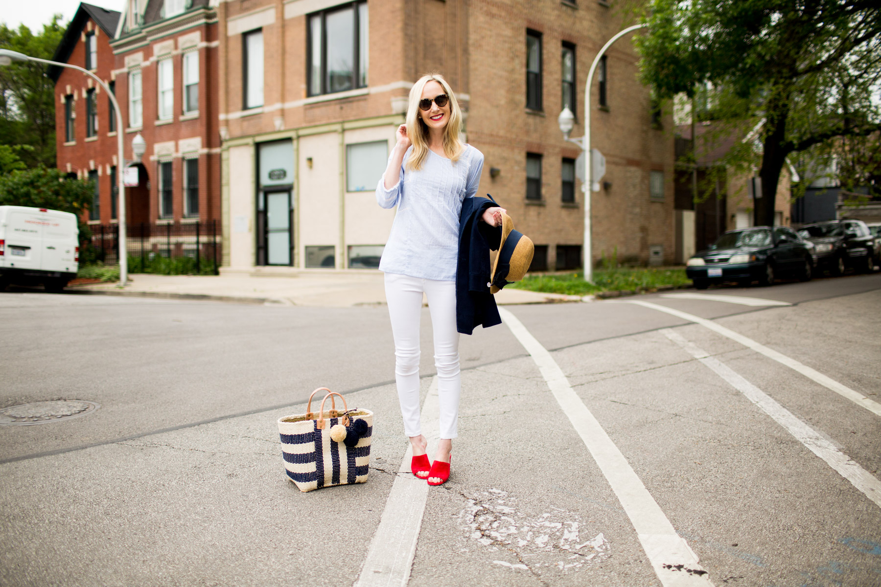 Caslon Pinktuck Pleat Top / Mar Y Sol Tote / White Skinny Jeans / Red Slides  / Tuckernuck Hat / J.Crew Twill Pea Coat 