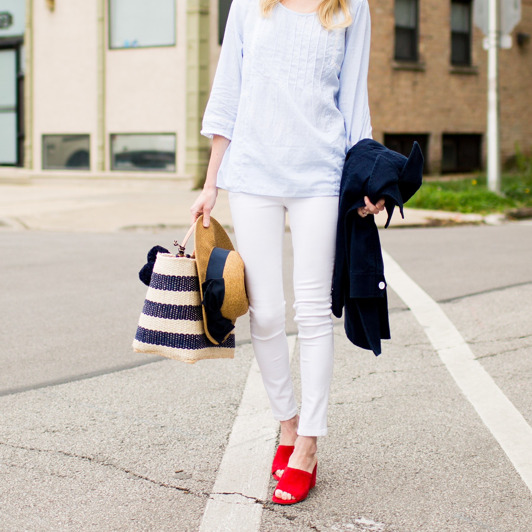 Caslon Pinktuck Pleat Top / Mar Y Sol Tote / White Skinny Jeans / Red Slides  / Tuckernuck Hat / J.Crew Twill Pea Coat 