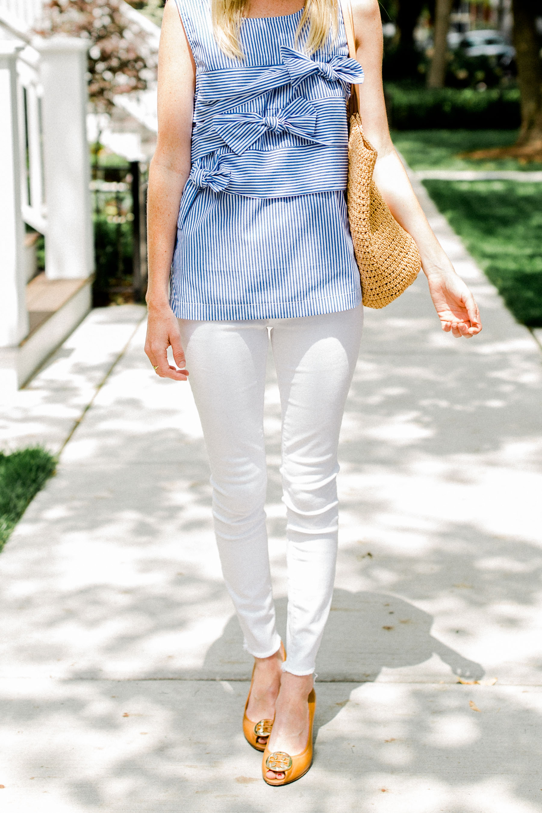 Bow Top / Tory Burch Wedges / Straw Tote / ThirdLove Strapless Bra