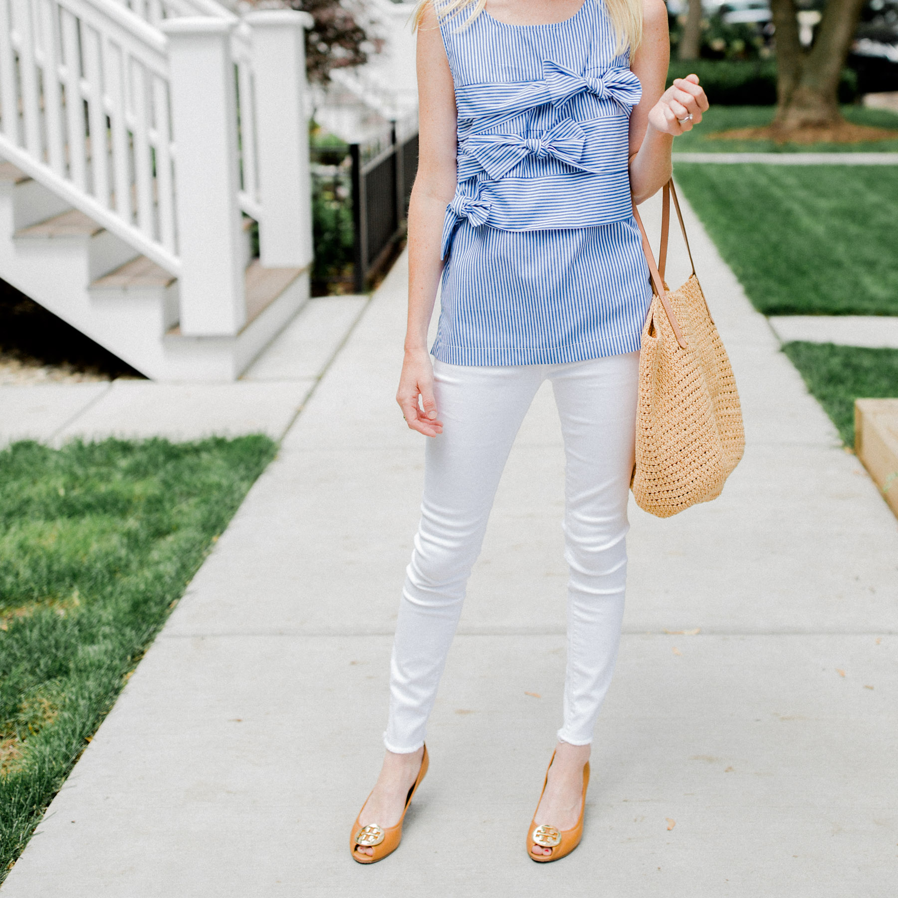 Bow Top / Tory Burch Wedges / Straw Tote / ThirdLove Strapless Bra