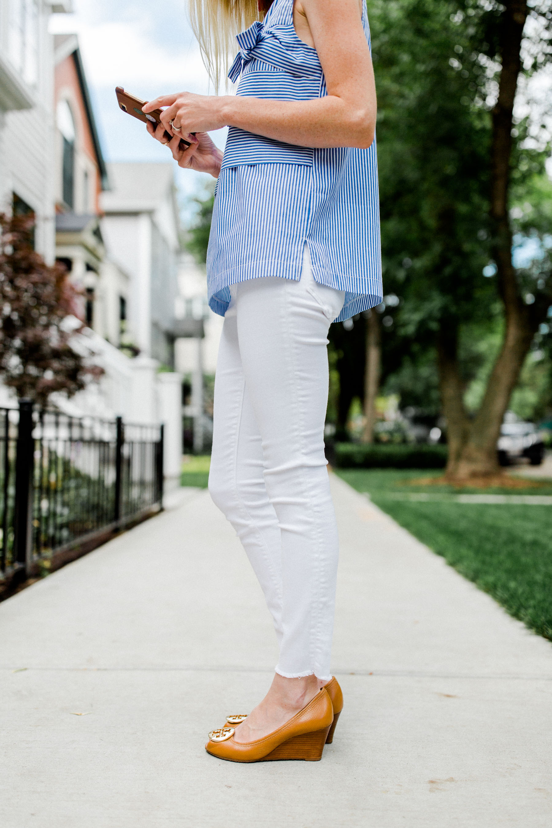 Bow Top / Tory Burch Wedges / Straw Tote  / ThirdLove Strapless Bra