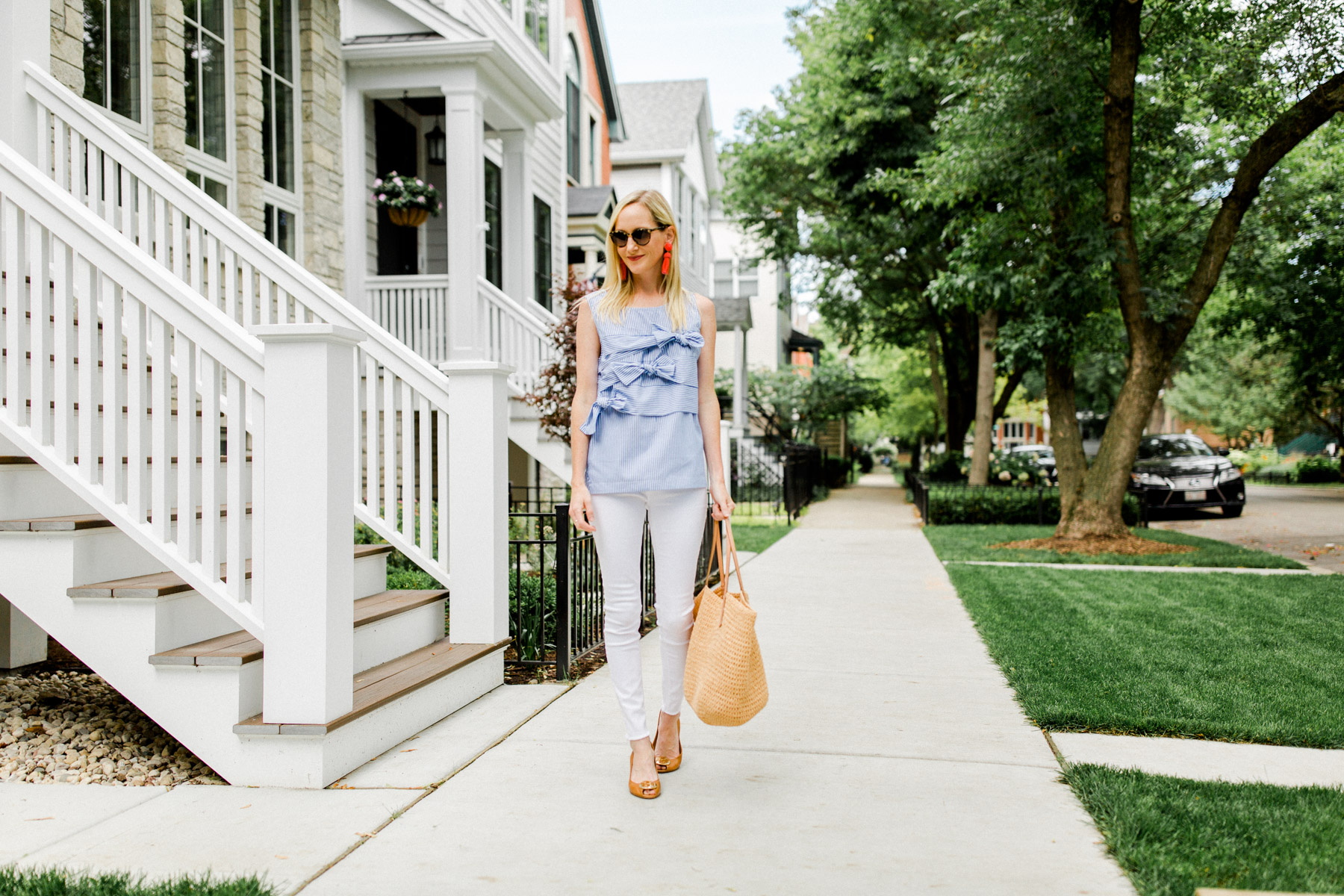 Bow Top / Tory Burch Wedges / Straw Tote / Lisi Lerch Earrings / ThirdLove Strapless Bra