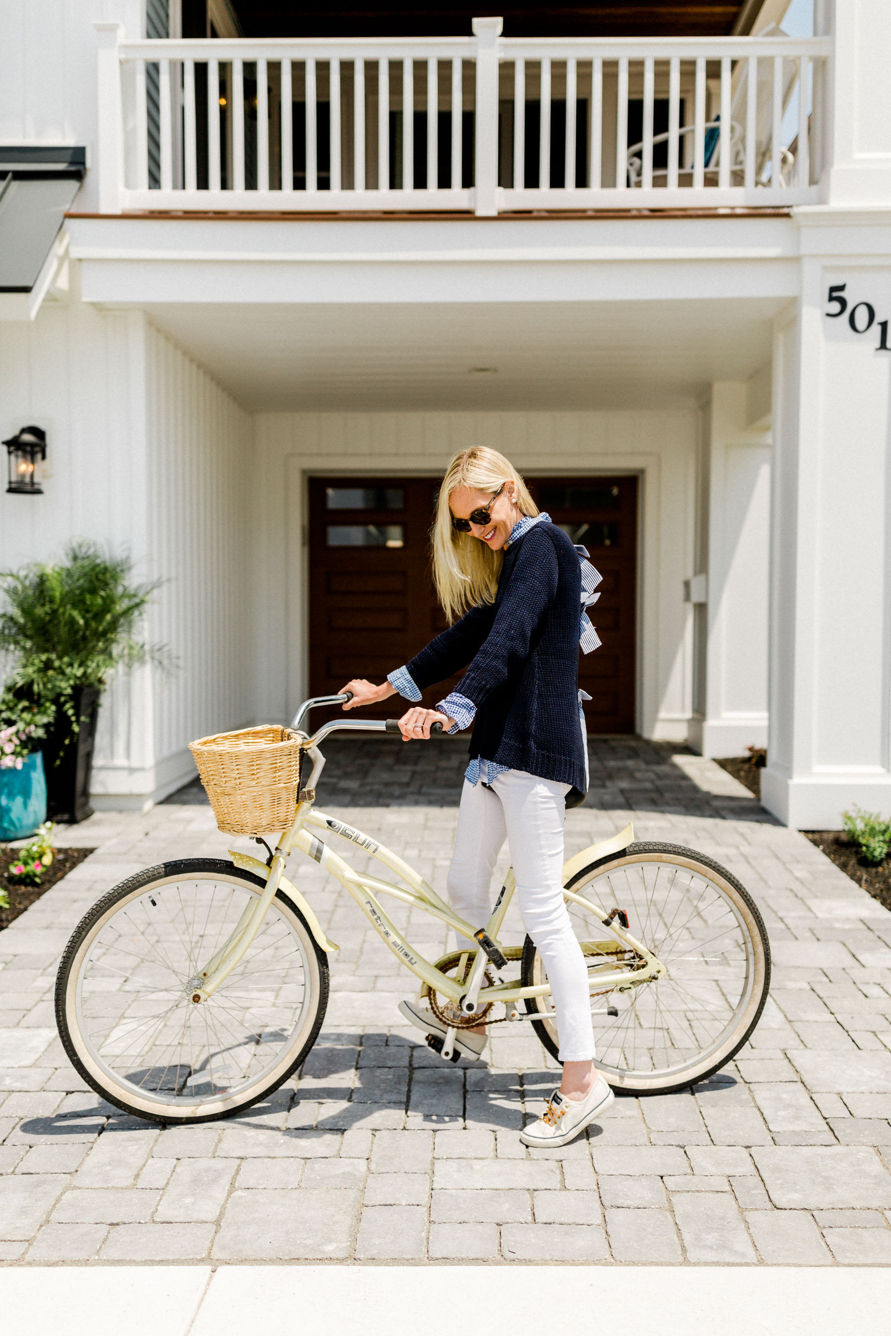 Tuckernuck Bow Back Sweater / Sailboat Scarf / Sneakers / Skinny White Jeans / Gingham Shirt