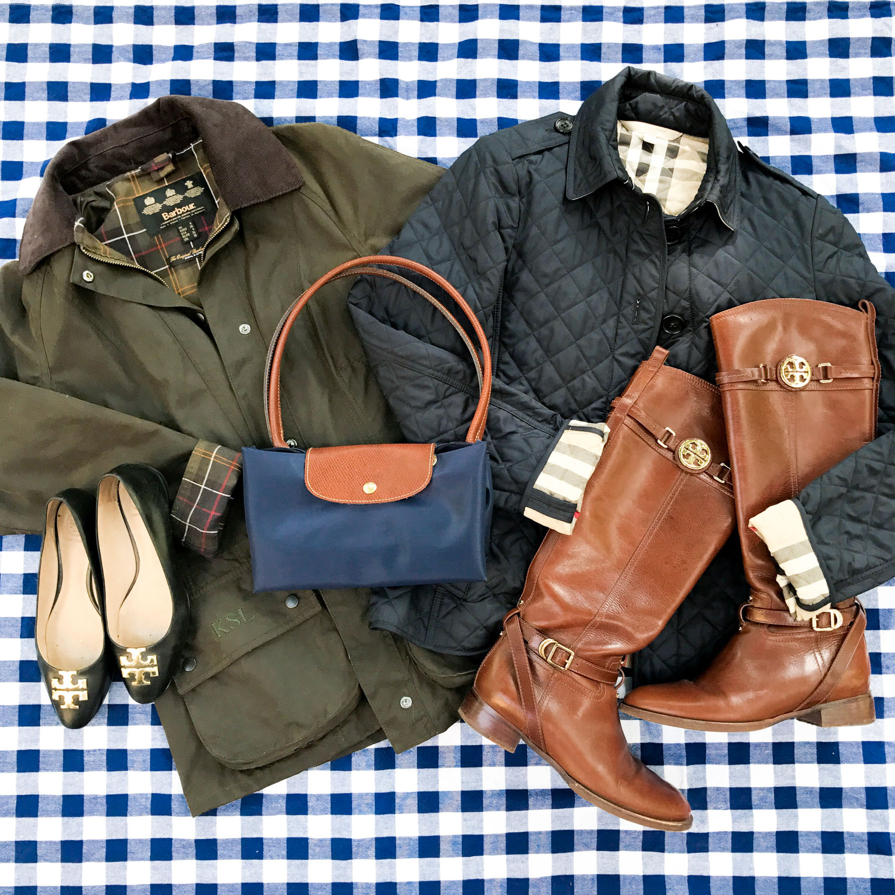 Barbour Coat / Longchamp Tote / Tory Burch Flats and Boots / Burberry Coat 