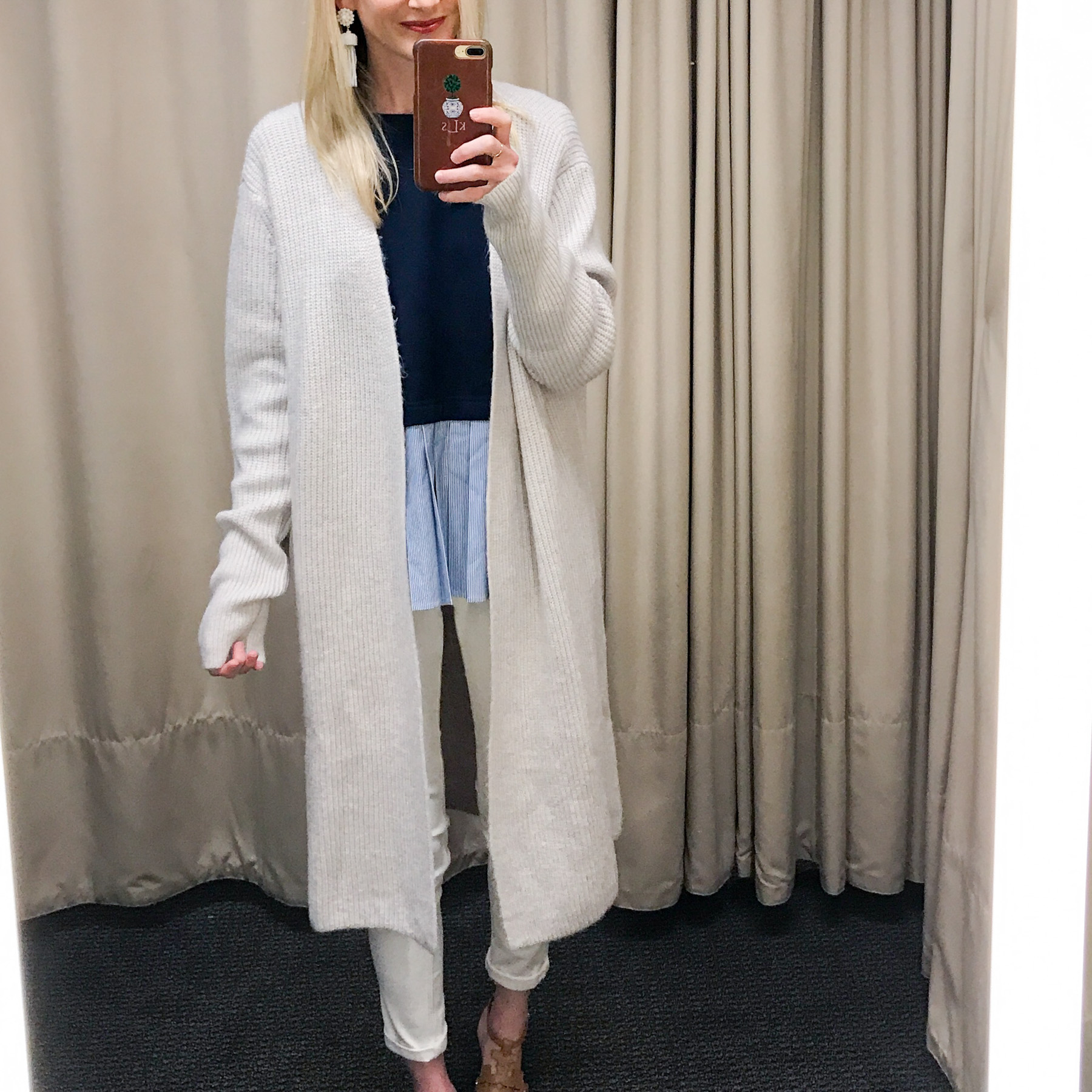 Long Cardigan / Pleated Top (On sale!) / Hudson White Skinny Jeans 