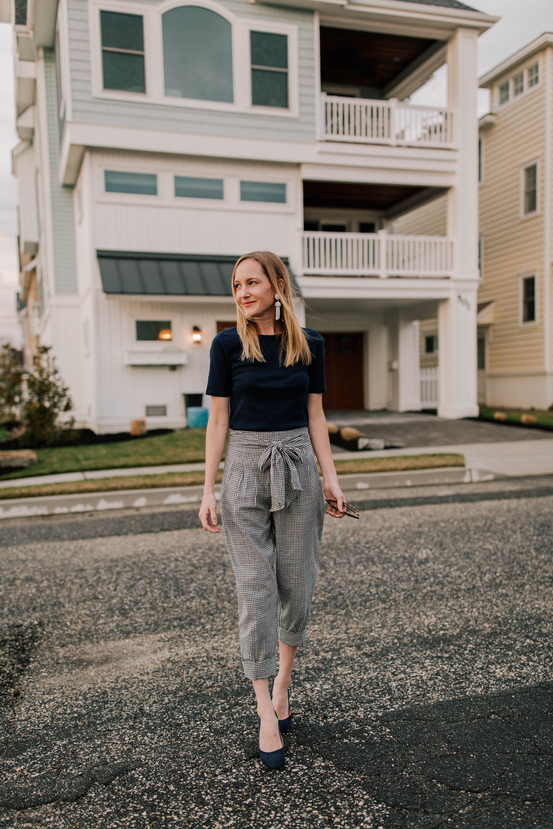 Friday Night Down the Shore: Navy Blue Tee And Trousers outfit