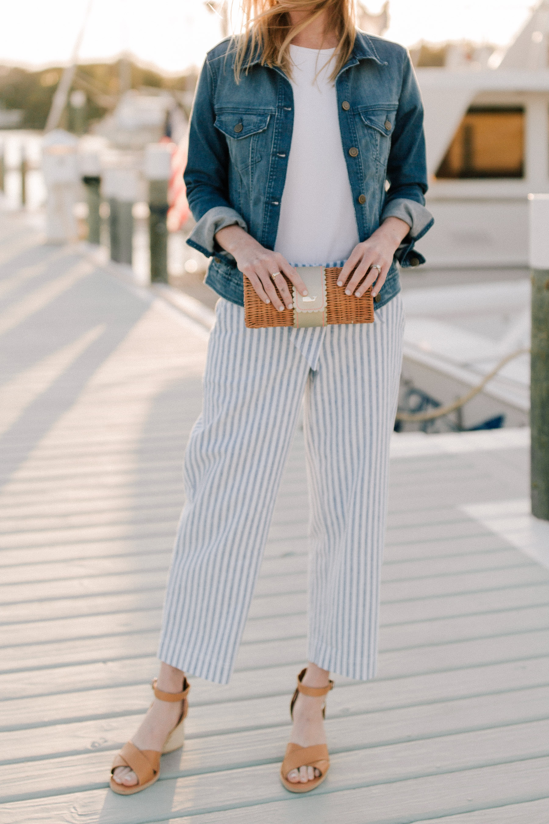 Blue and white shop striped pants outfit