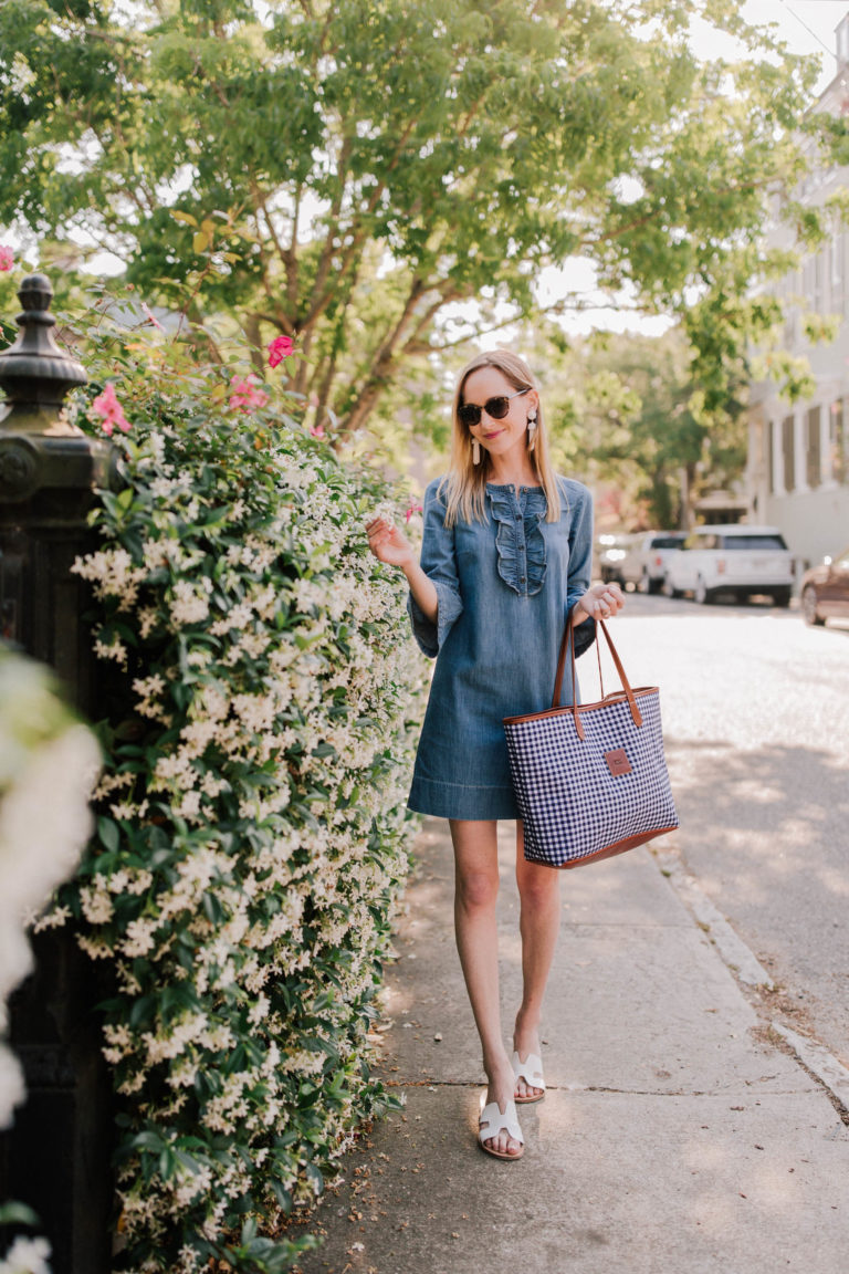 Gingham Tote & Chambray Dress Preppy Outfit - Kelly in the City