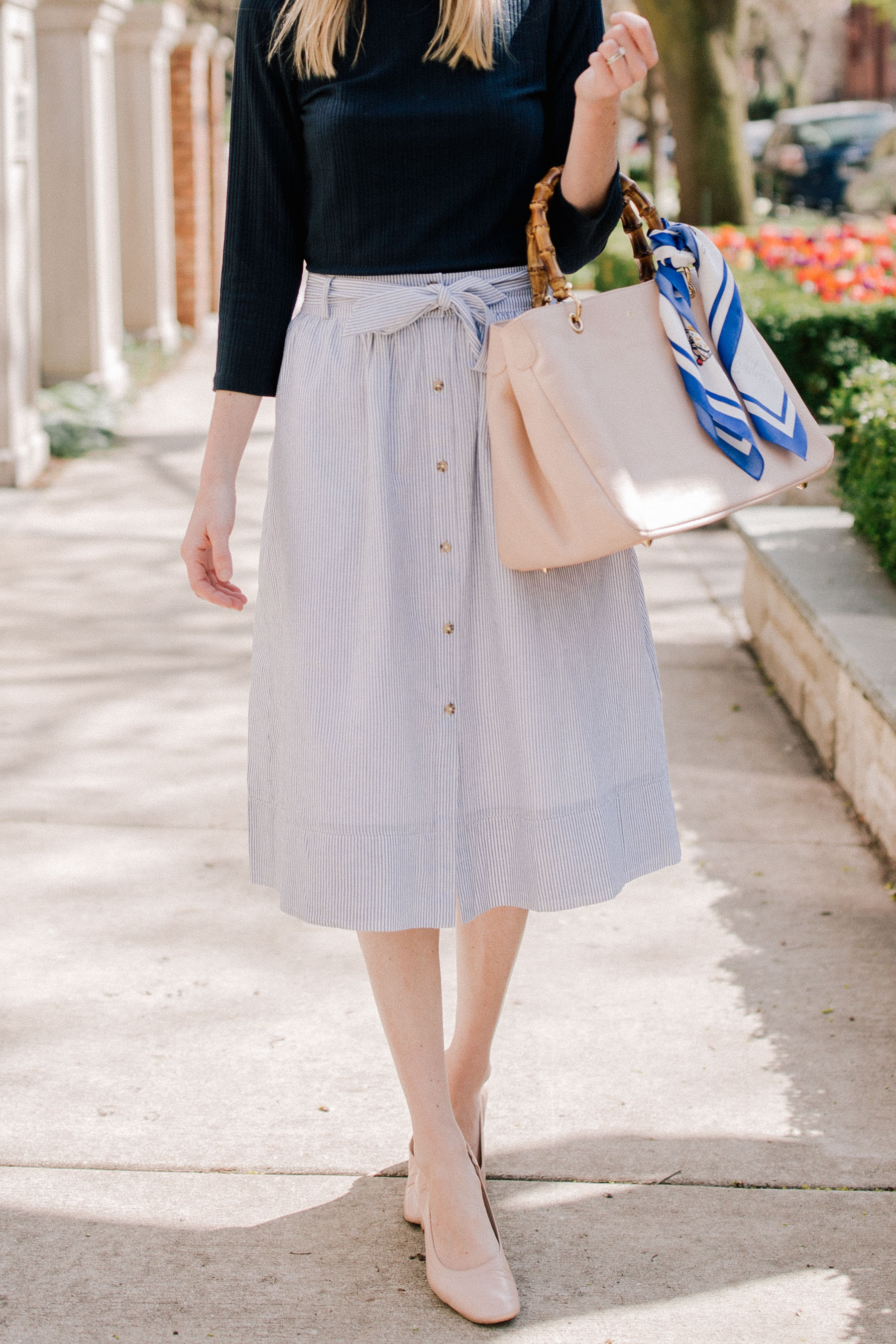 Striped tie front skirt with Everlane Day Heel 