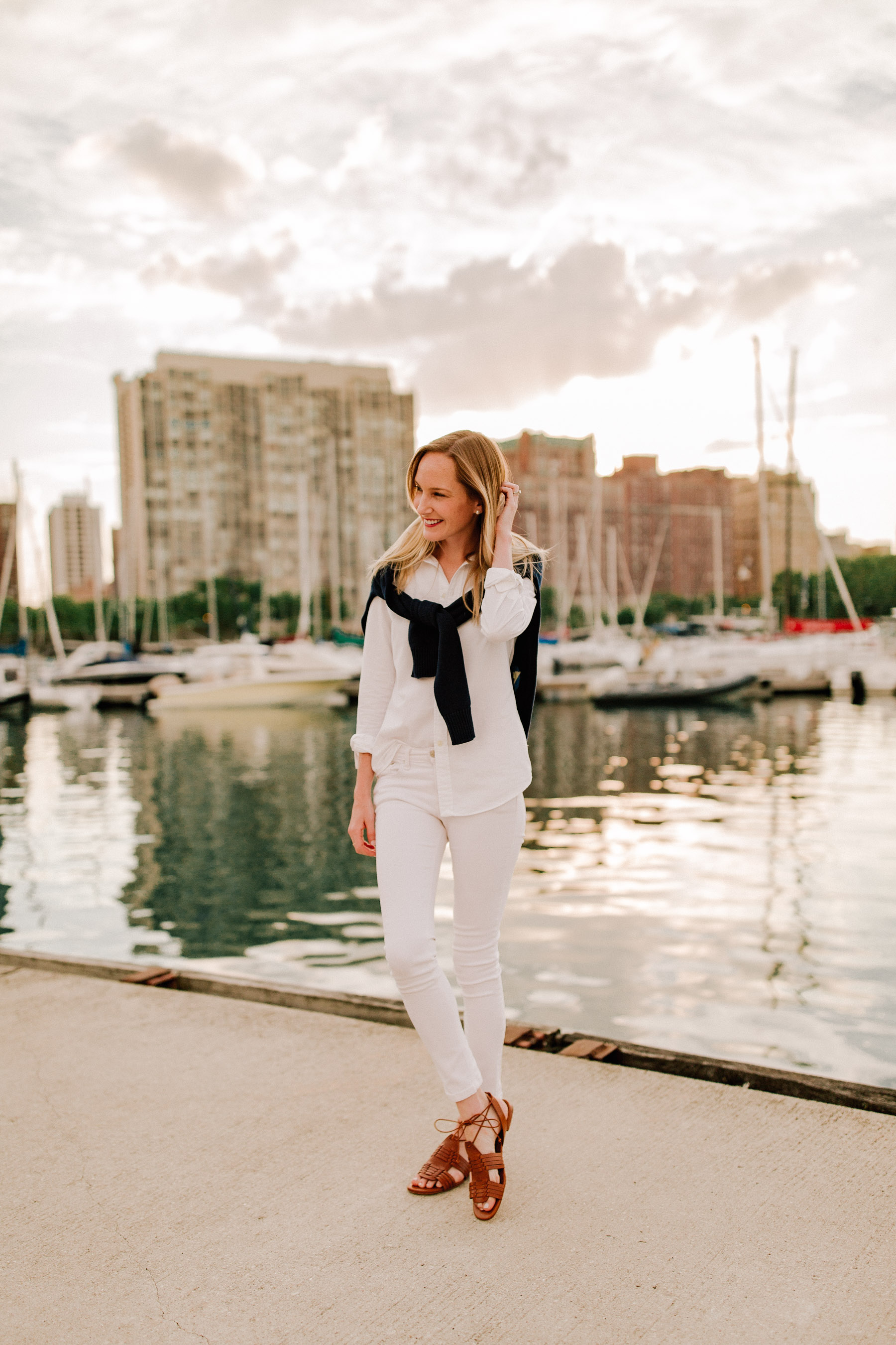 Boat Cotton Rollneck Sweater / Knit Cotton Oxford Shirt / Leather Vachetta Sandals / Leather Lennox Bag - Kelly in the city