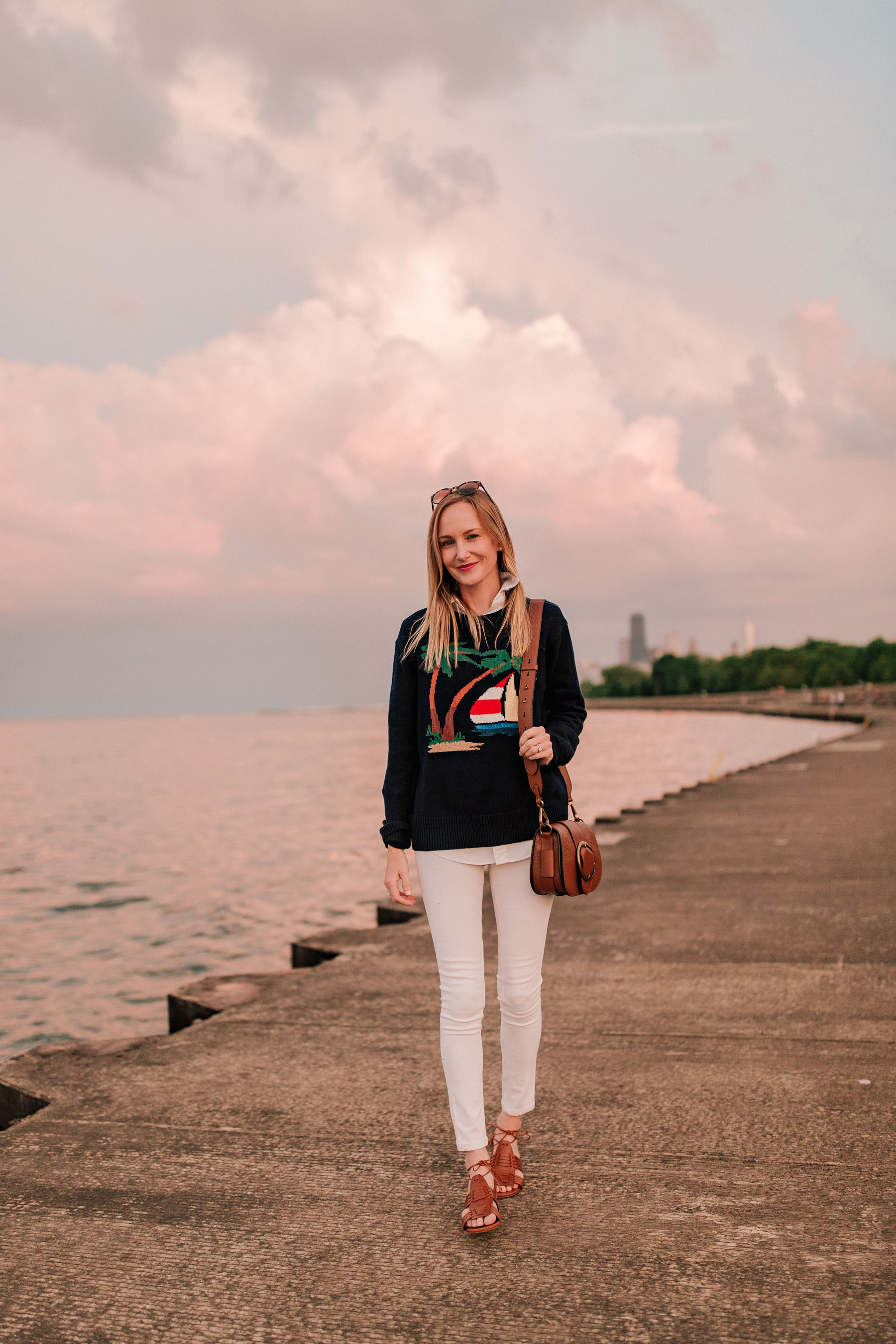 Boat Cotton Rollneck Sweater / Knit Cotton Oxford Shirt / Leather Vachetta Sandals / Leather Lennox Bag - Kelly in the city