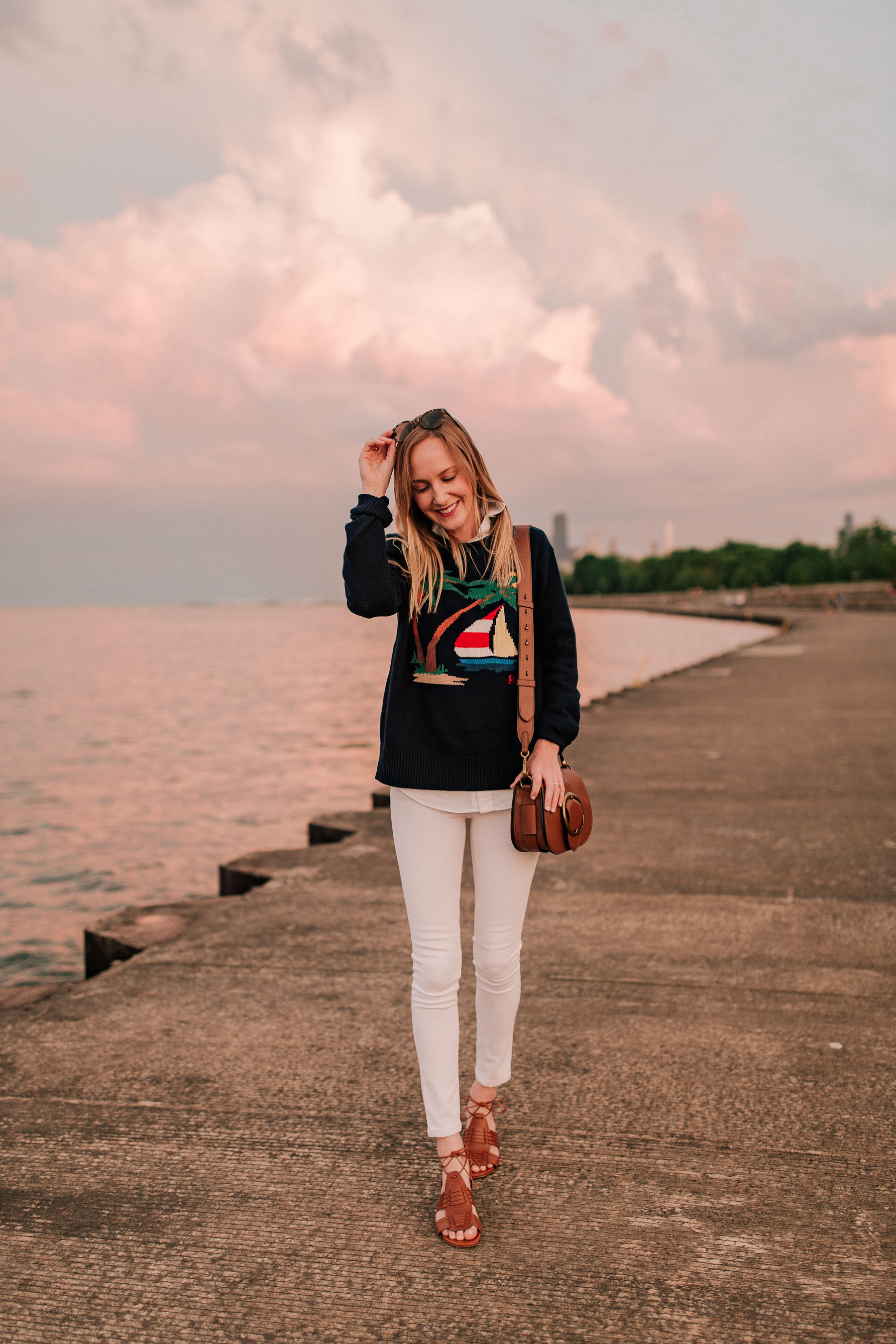 Boat Cotton Rollneck Sweater / Knit Cotton Oxford Shirt / Leather Vachetta Sandals / Leather Lennox Bag - Kelly in the city