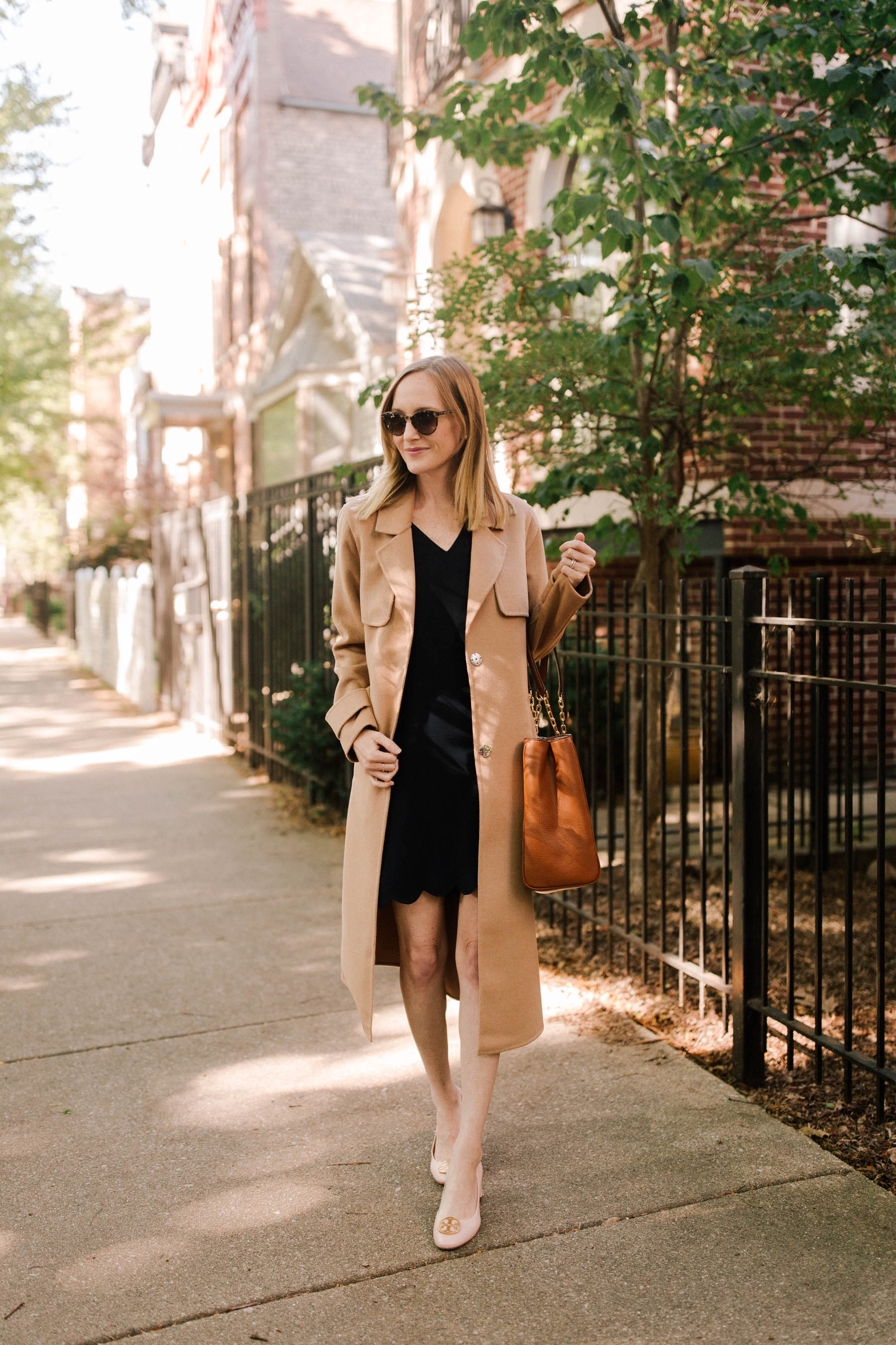 Kenneth Cole Wool Long Camel Coat  / CeCe Scalloped Dress / Tory Burch Benton Pump / Tory Burch Marsden Pebbled Leather Tote