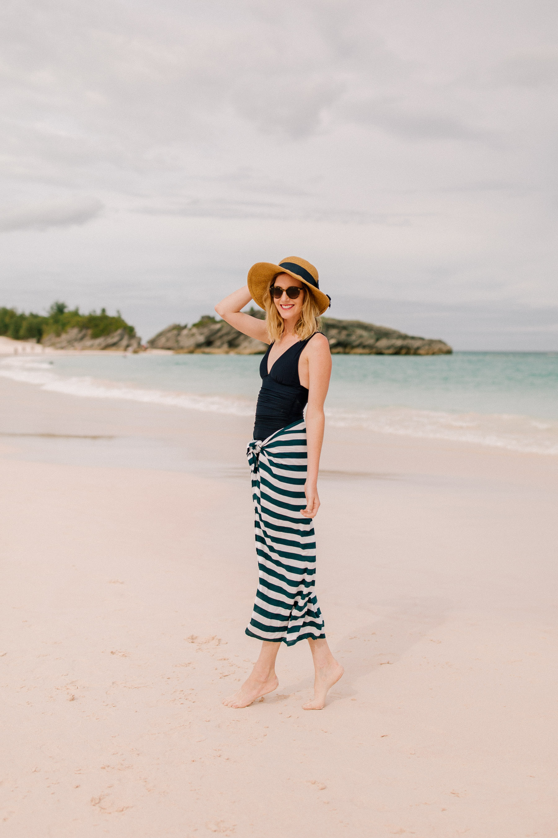 Packable Bow Hat - Tuckernuck /  Navy Striped Sarong / J.Crew Bathing Suit