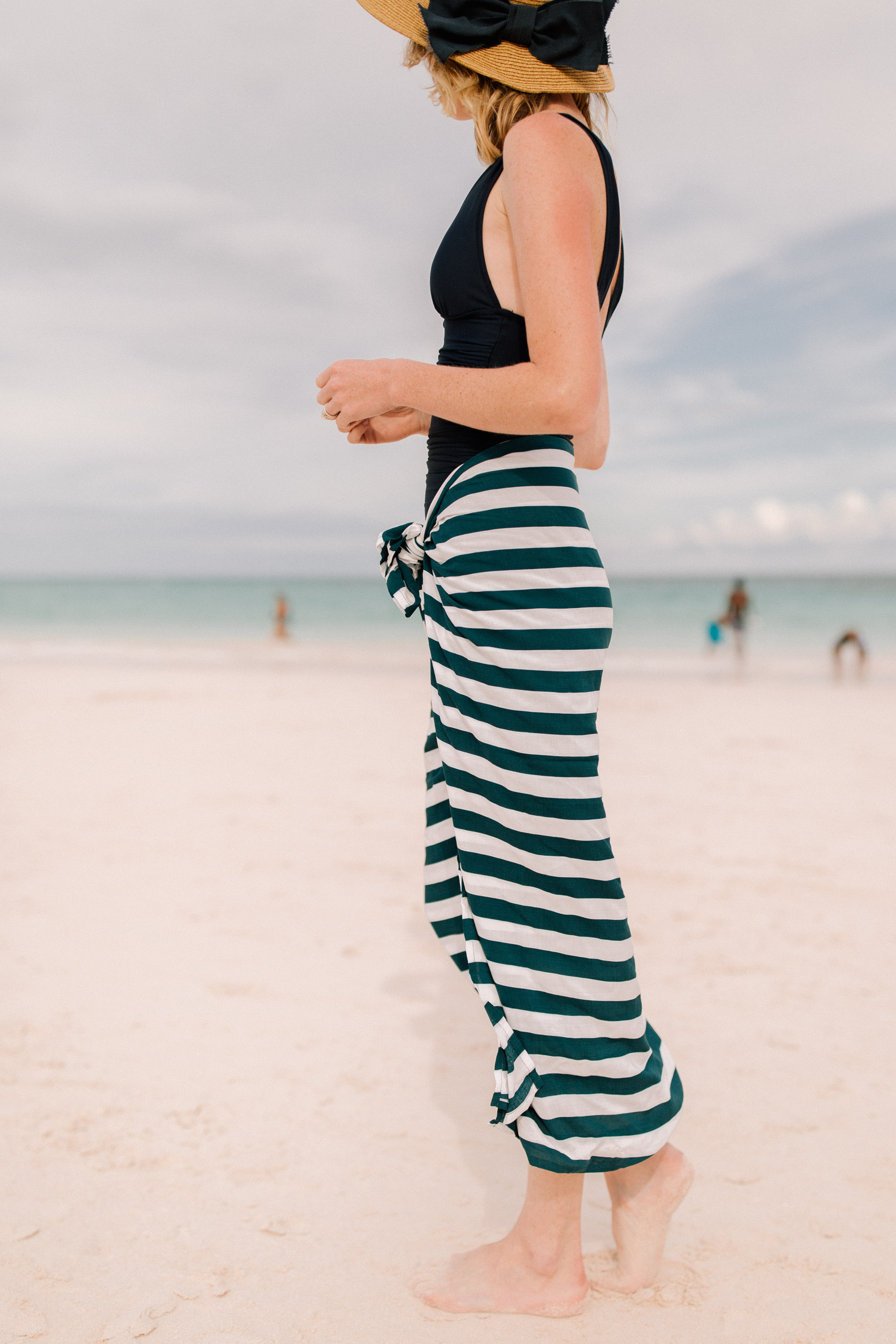 Packable Bow Hat - Tuckernuck +  Navy Striped Sarong / J.Crew Bathing Suit