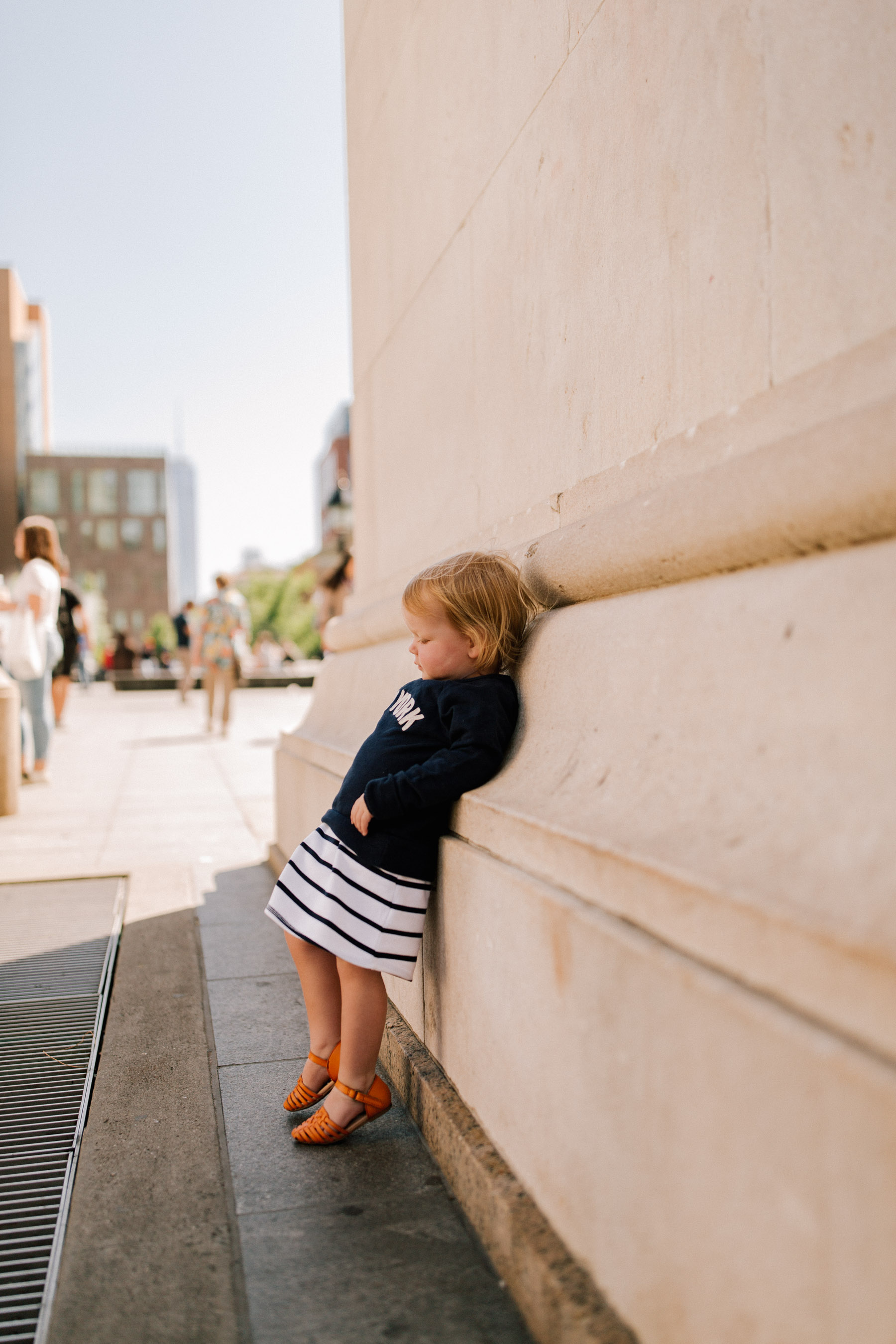 J.Crew "New York" Sweatshirt  / Huarache Sandals / Brown Leather Tote / Gap Kids Dress